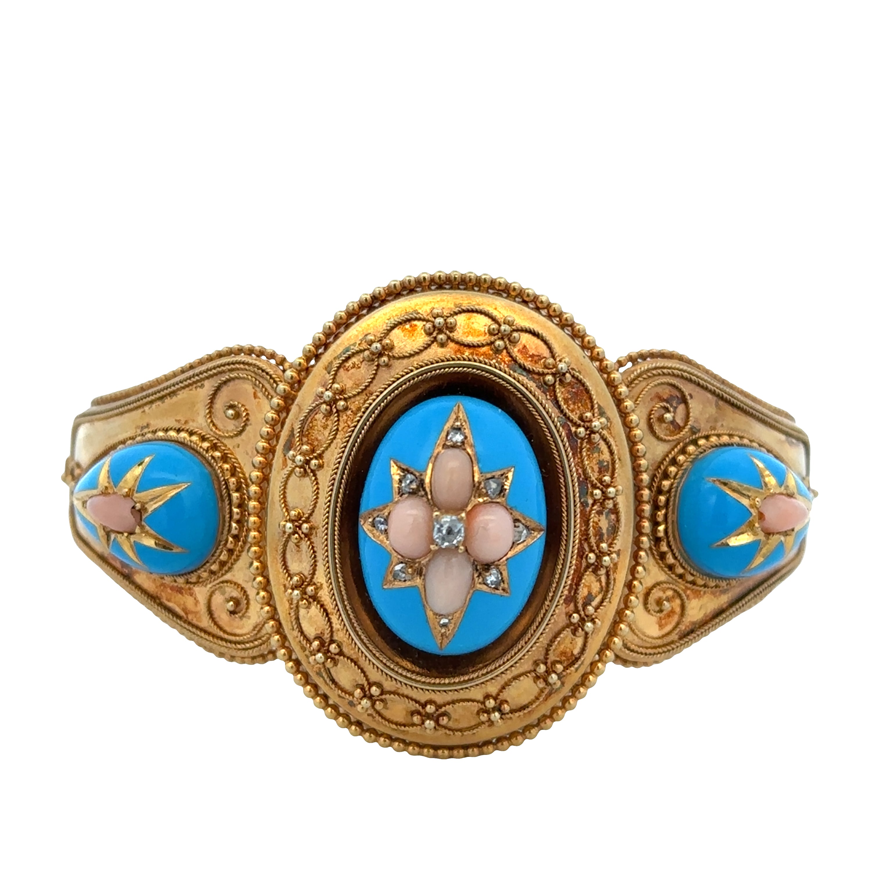 Antique Victorian 18k Yellow Gold Etruscan Revival Coral, Enamel & Diamond Memorial Bangle – Circa 1870s-1880s