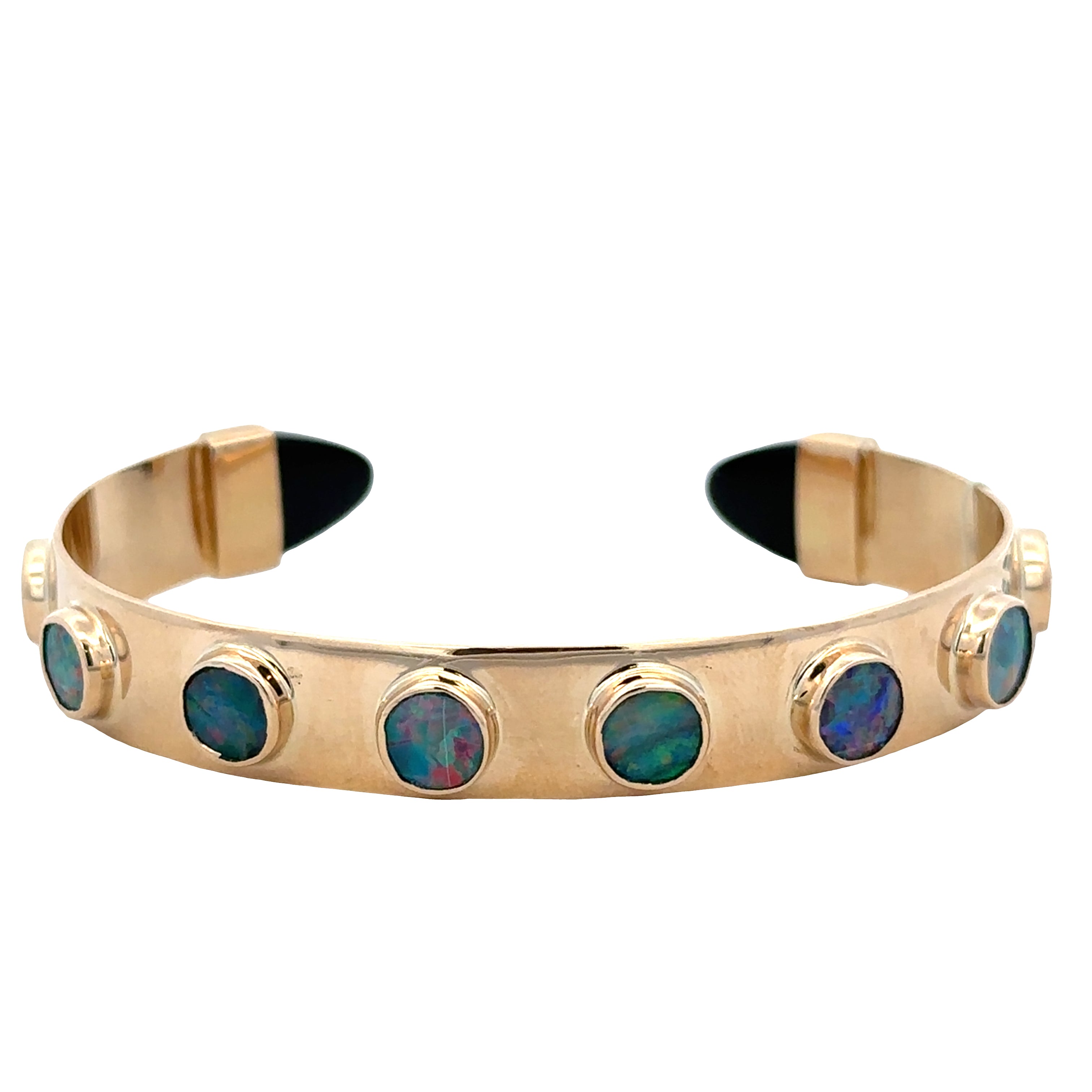 Modern 14k Yellow Gold Opal & Black Onyx Cuff Bracelet