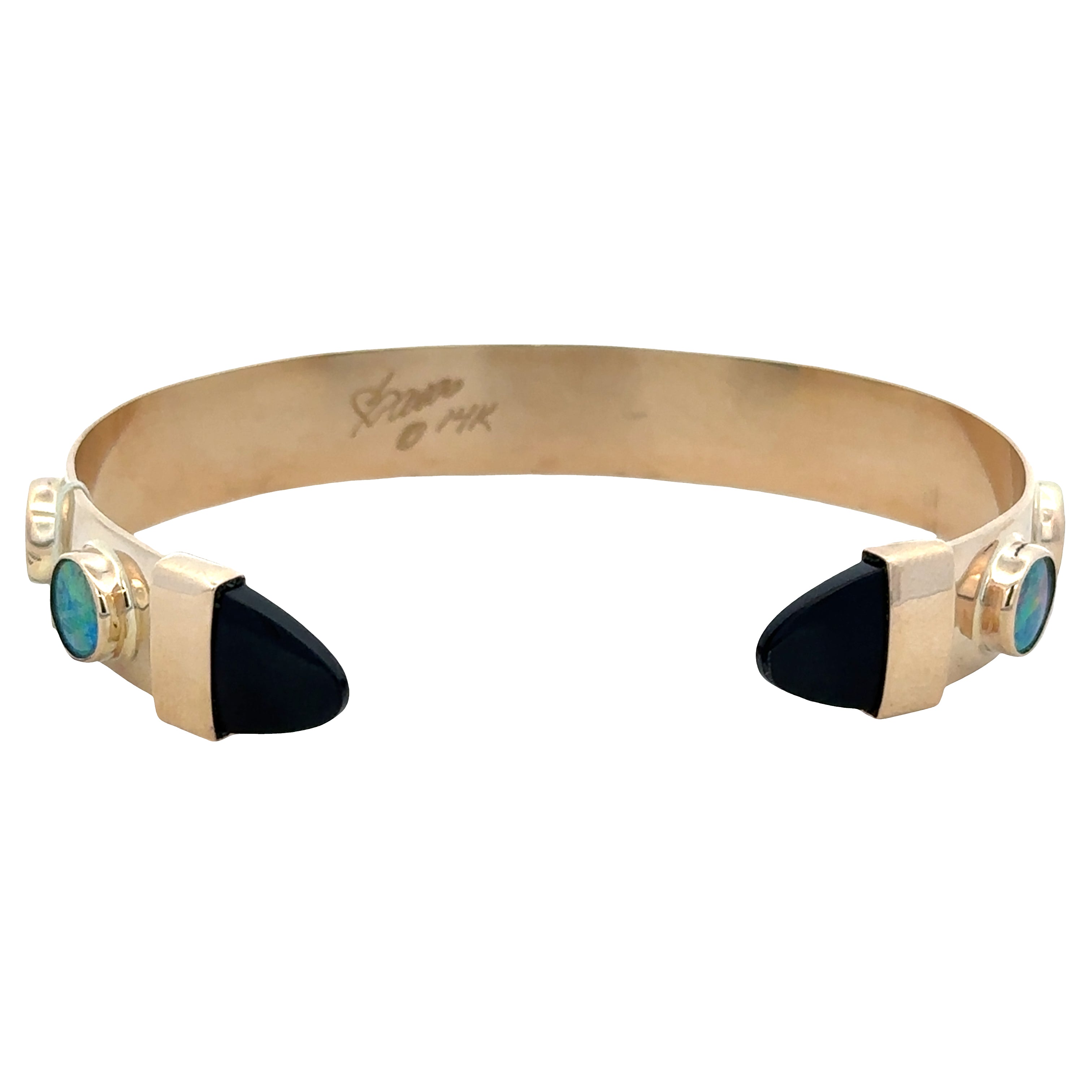 Modern 14k Yellow Gold Opal & Black Onyx Cuff Bracelet