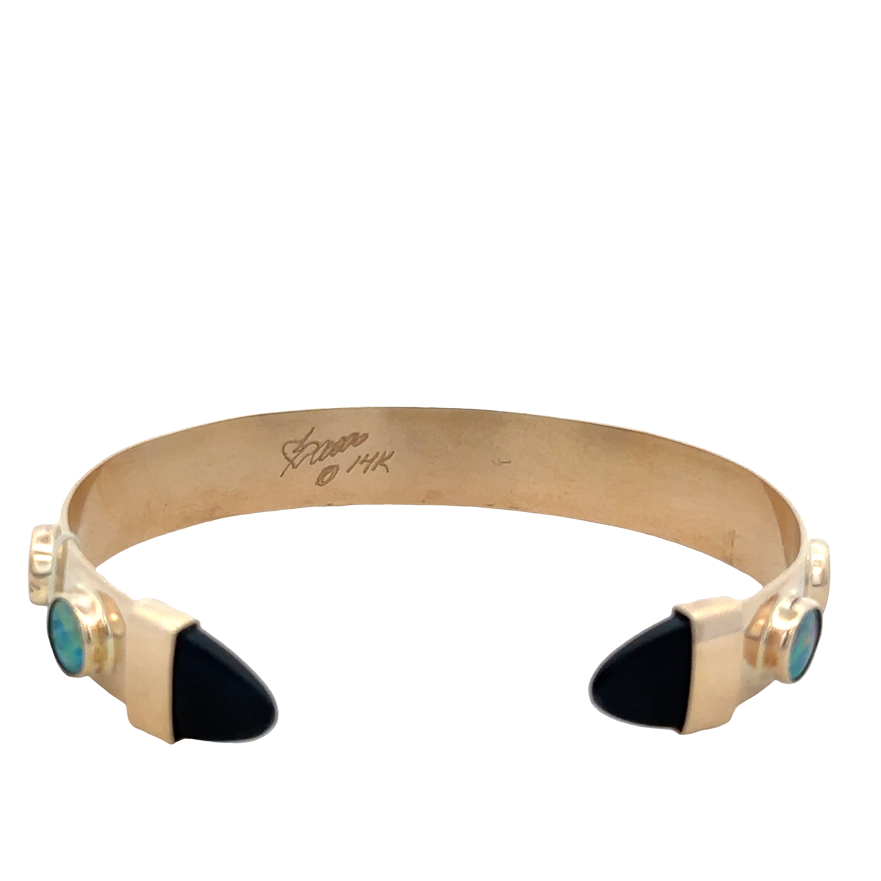 Modern 14k Yellow Gold Opal & Black Onyx Cuff Bracelet