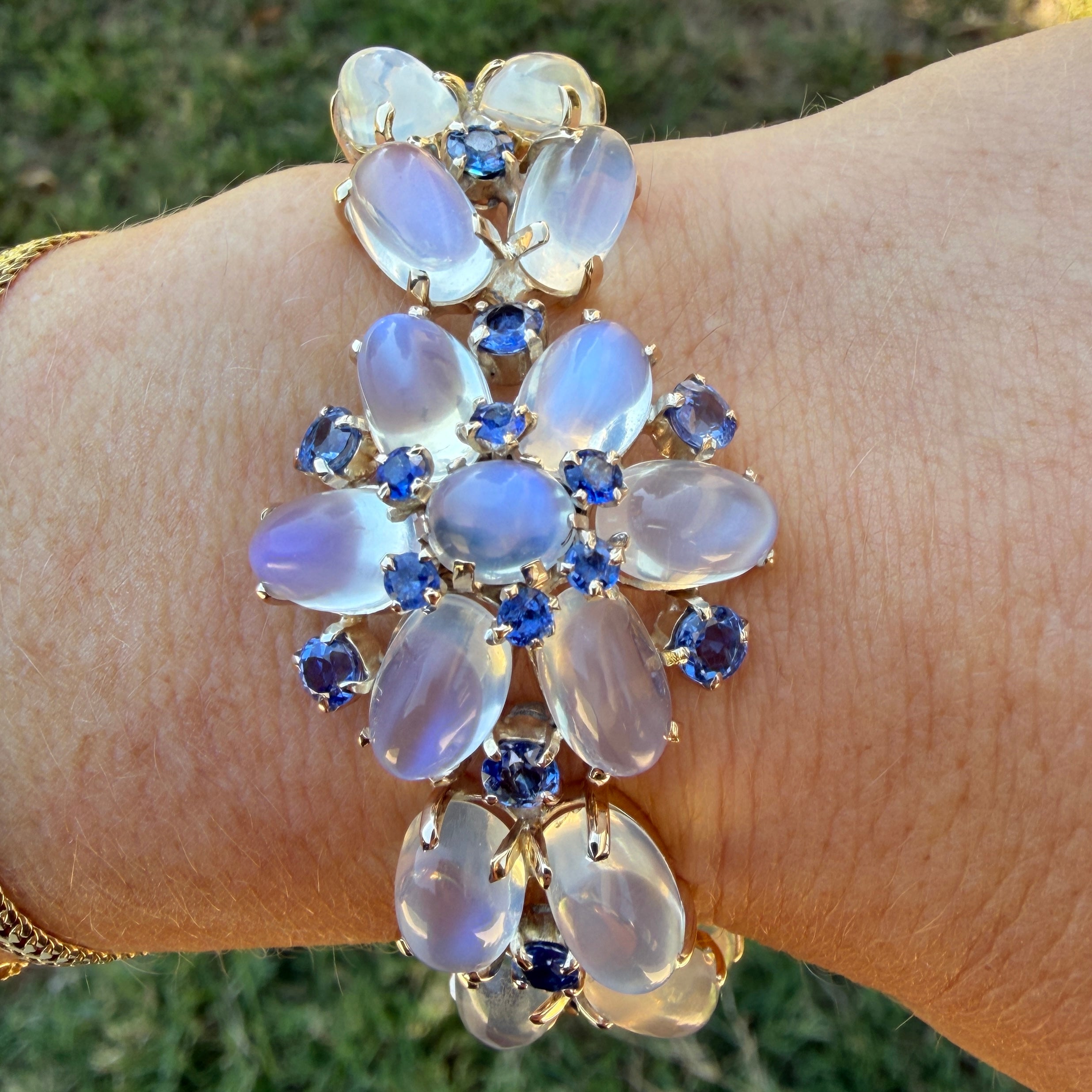Vintage Mid-Century 14k Yellow Gold 64.81 CT Moonstone & Sapphire Floral Bracelet – Circa 1950s