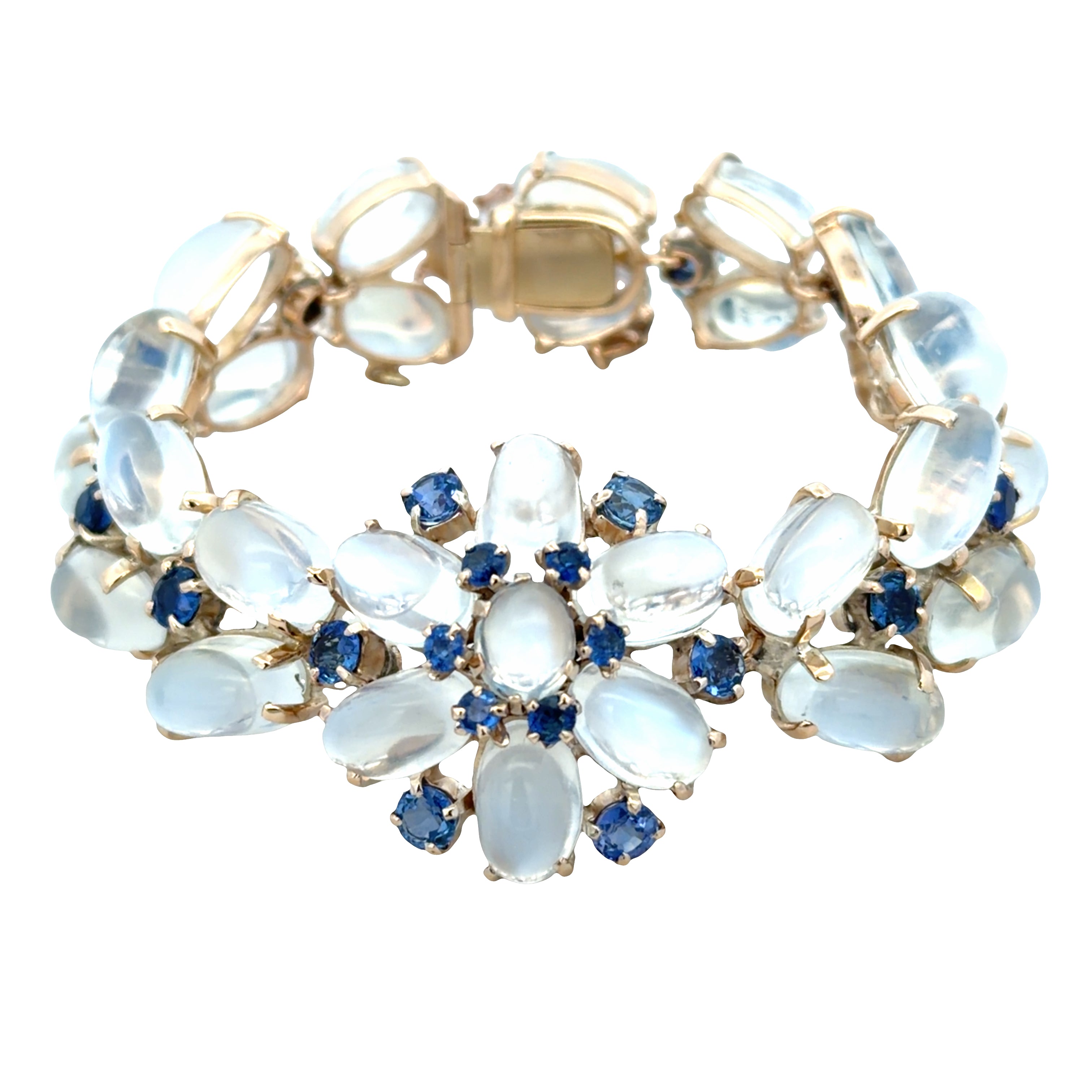 Vintage Mid-Century 14k Yellow Gold 64.81 CT Moonstone & Sapphire Floral Bracelet – Circa 1950s