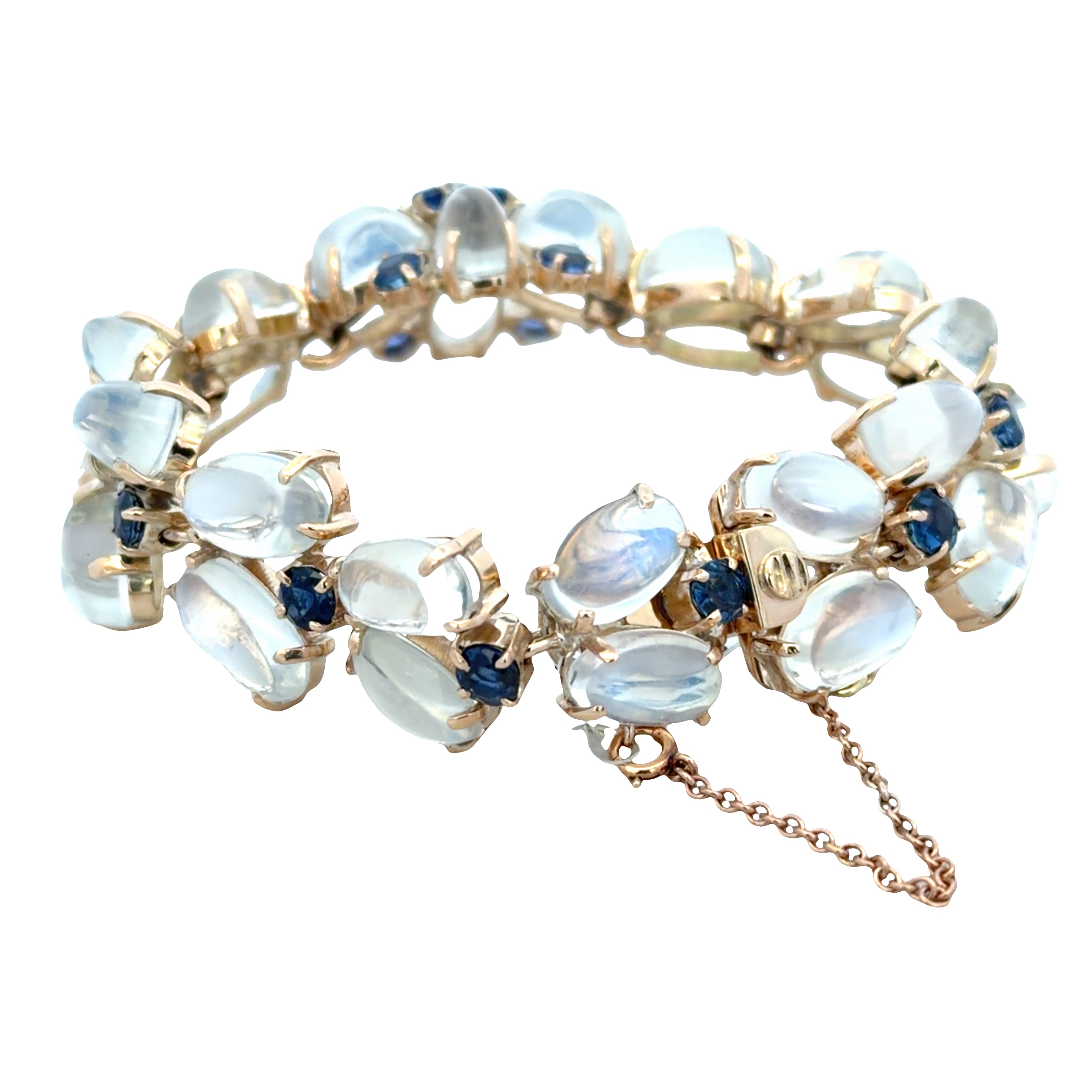Vintage Mid-Century 14k Yellow Gold 64.81 CT Moonstone & Sapphire Floral Bracelet – Circa 1950s