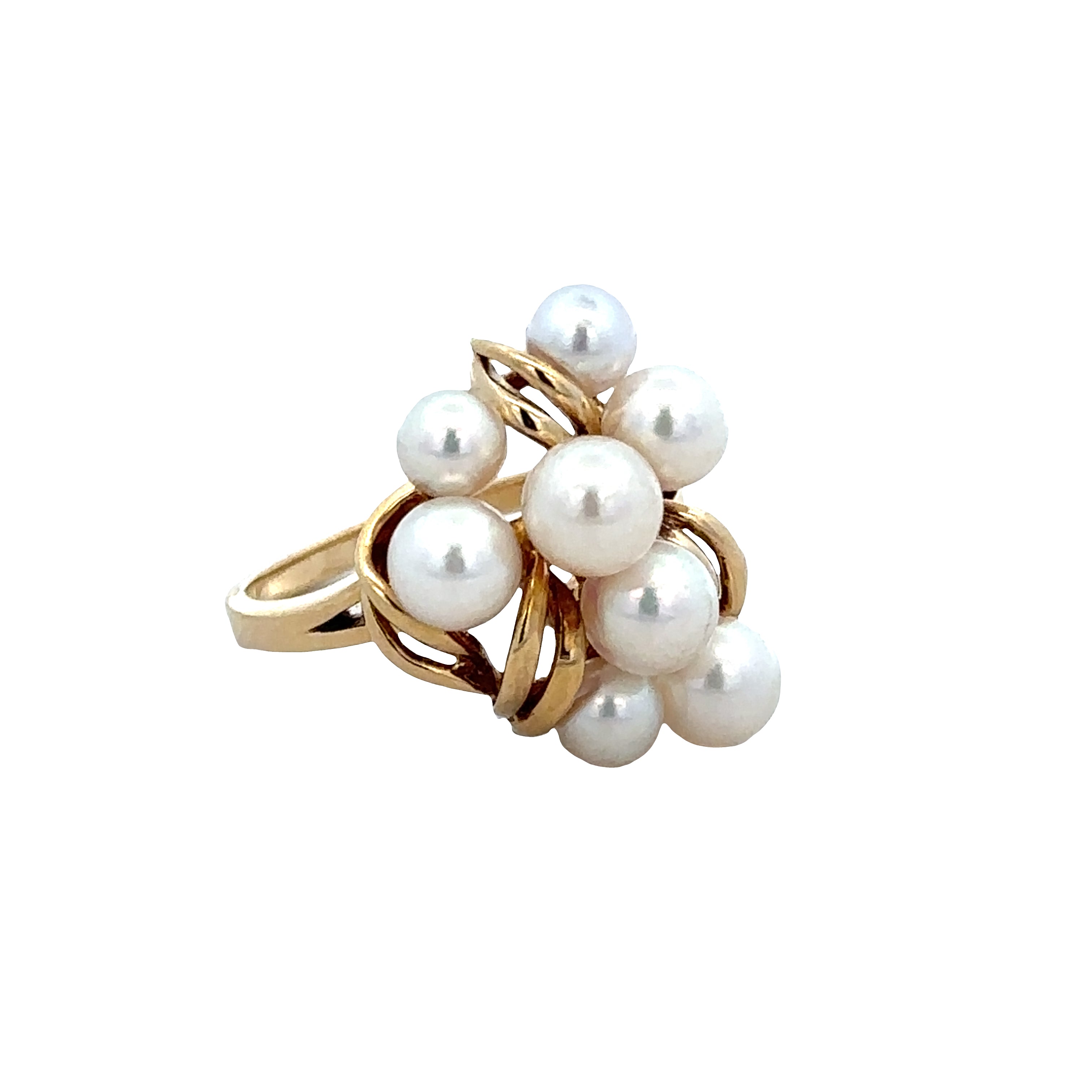 Vintage Estate Mikimoto 18k Yellow Gold Akoya Pearl Cluster Ring – Size 6.75, Circa 1950s–60s