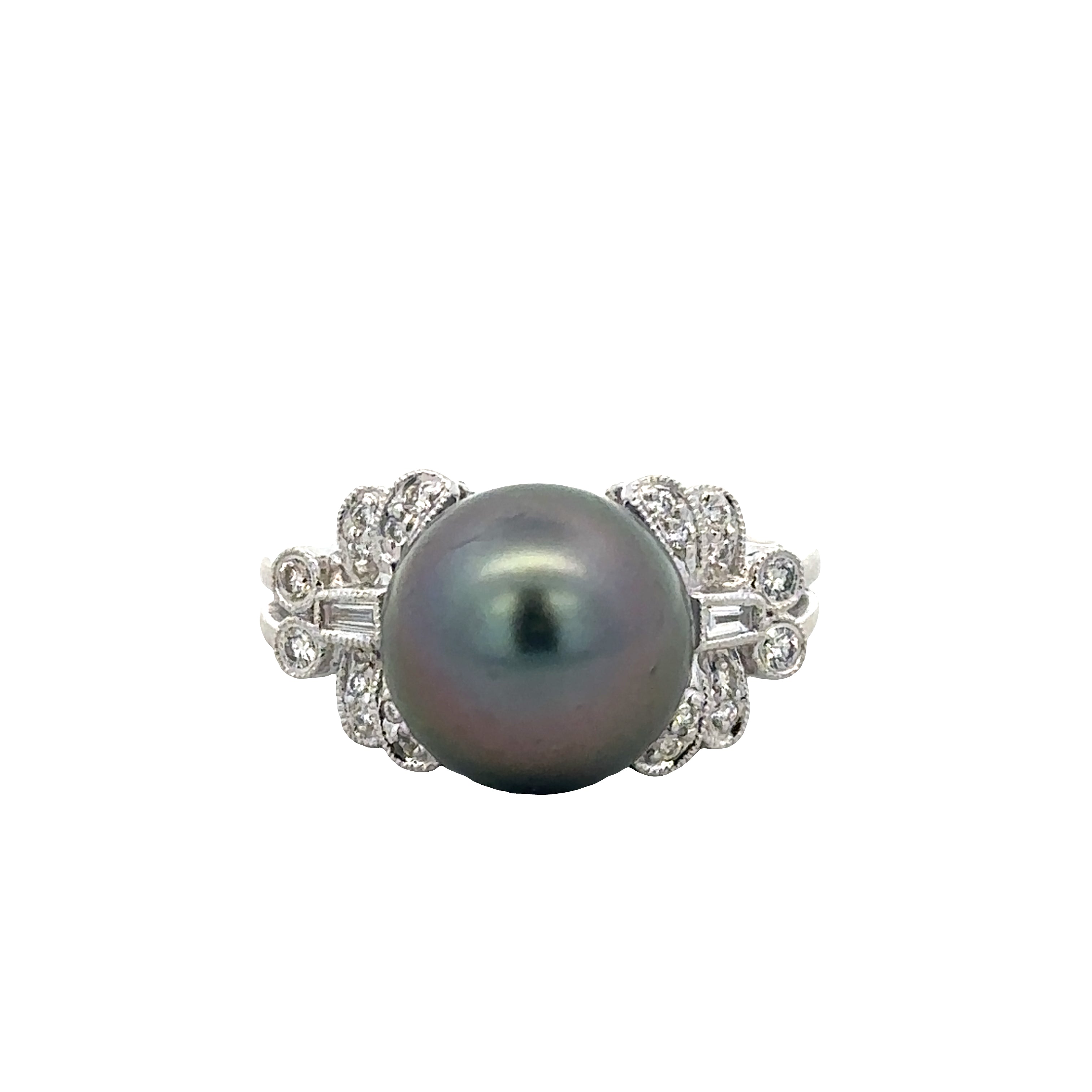 18k White Gold Tahitian Pearl & Diamond Ring – Size 6.5
