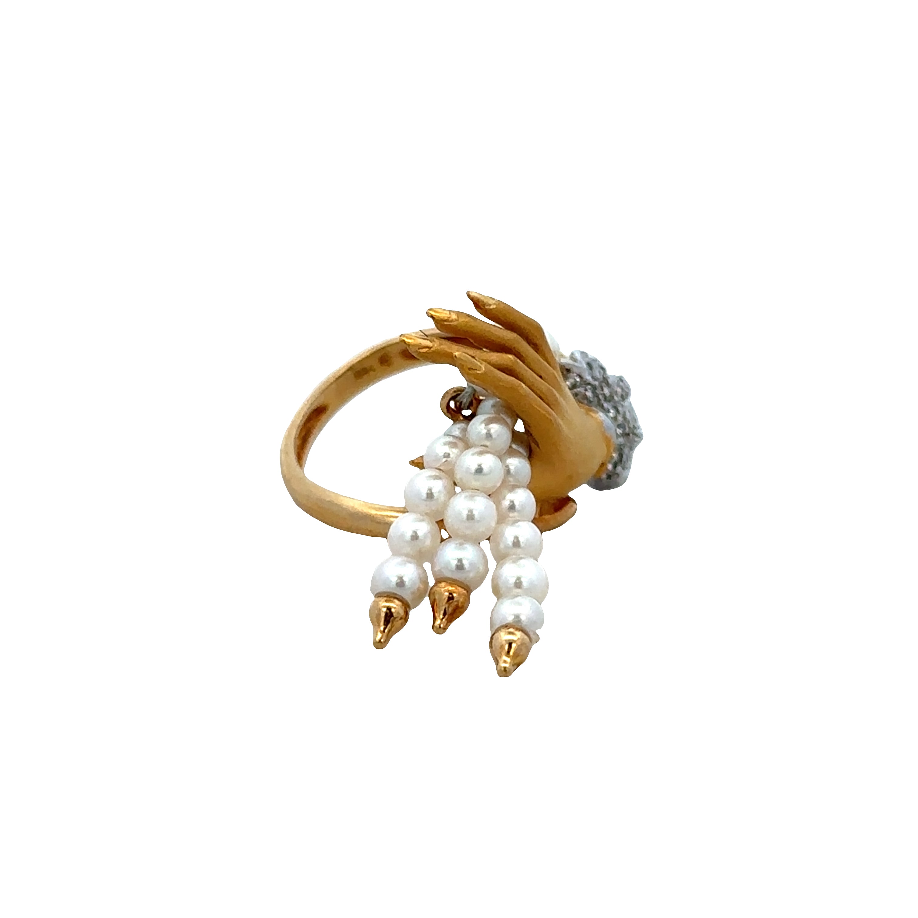 Estate Carrera y Carrera "Las Manos" 18k Yellow Gold Pearl & Diamond Ring – Size 5.75
