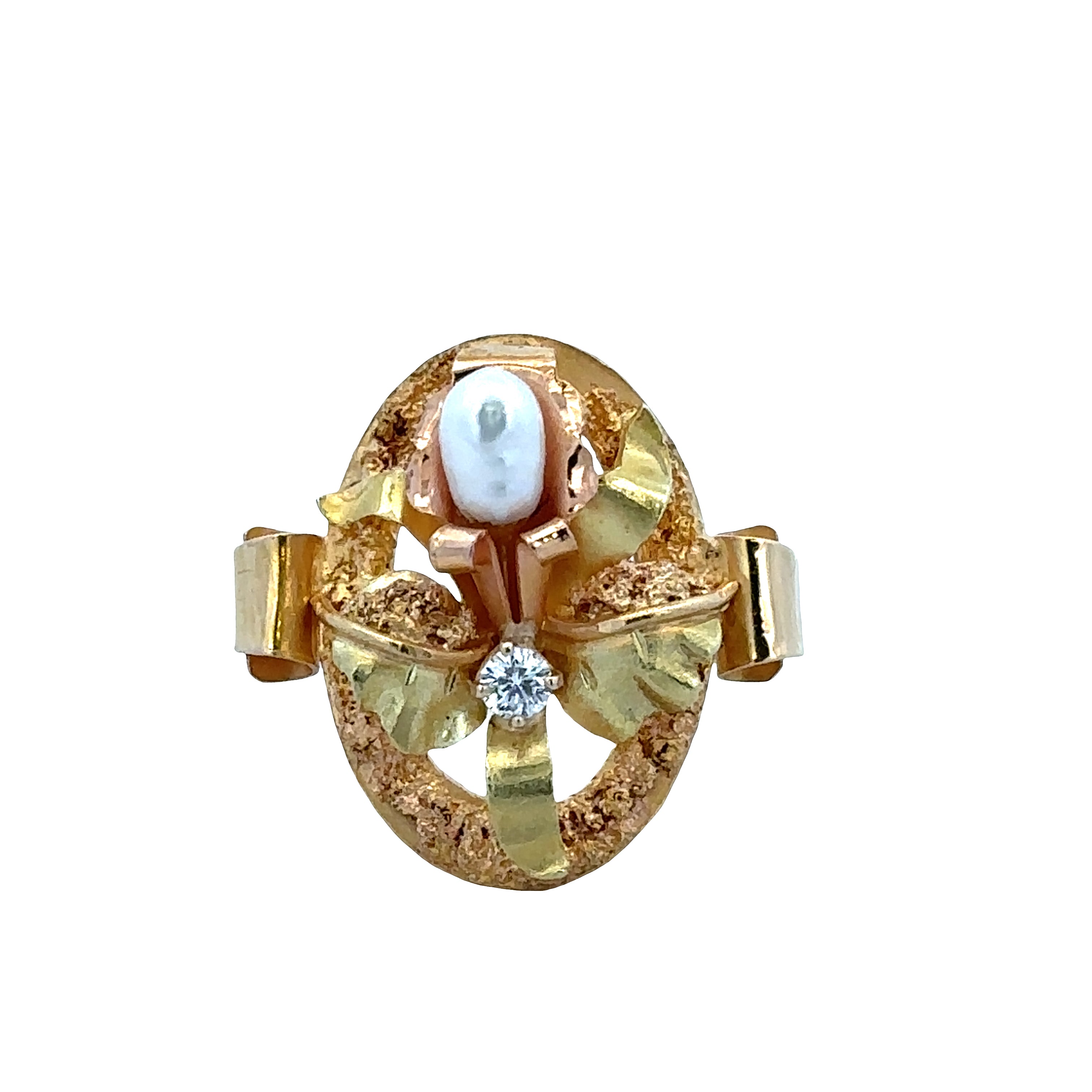 Vintage 18k Yellow & Rose Gold Diamond & Baroque Pearl Ring – Size 6