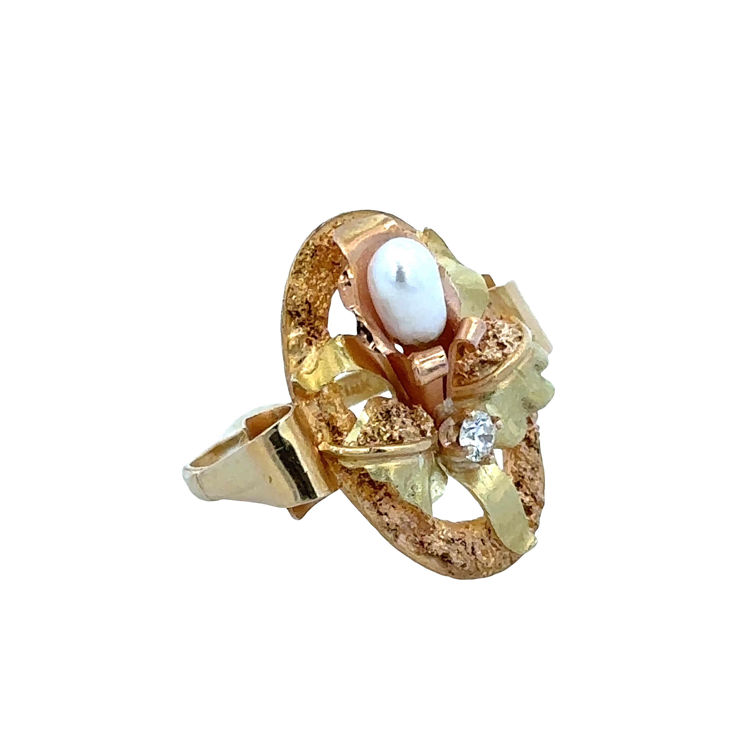 Vintage 18k Yellow & Rose Gold Diamond & Baroque Pearl Ring – Size 6