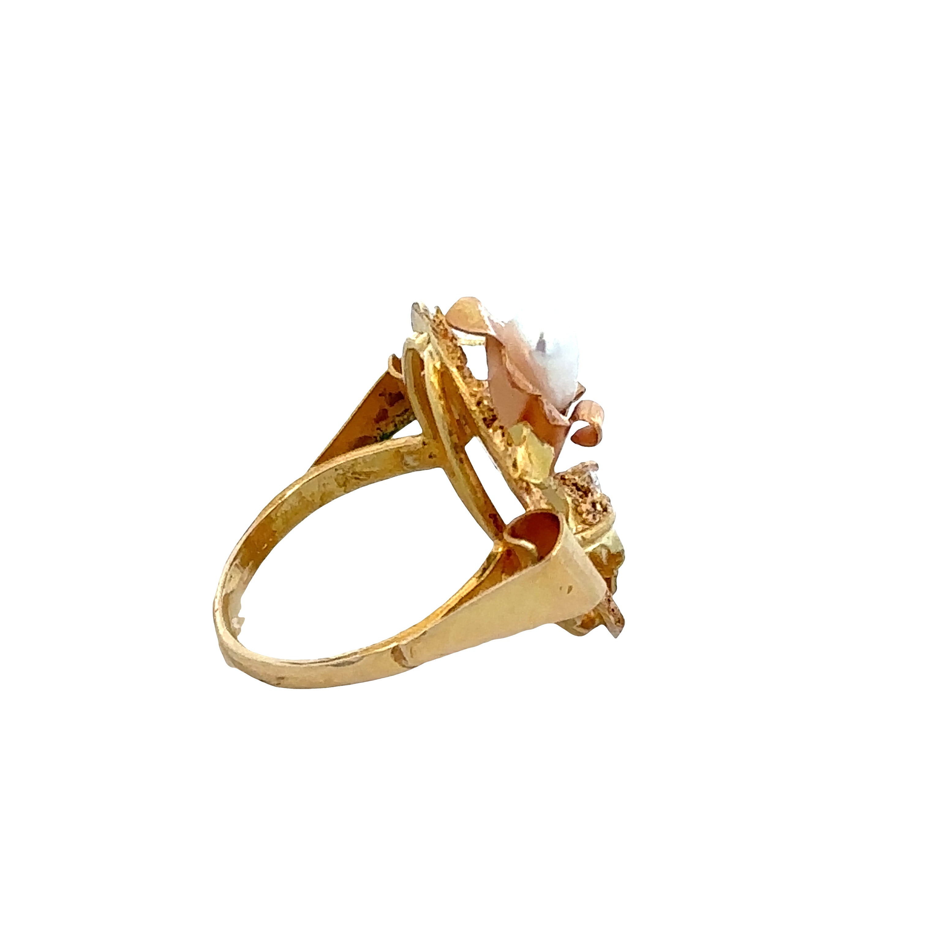 Vintage 18k Yellow & Rose Gold Diamond & Baroque Pearl Ring – Size 6