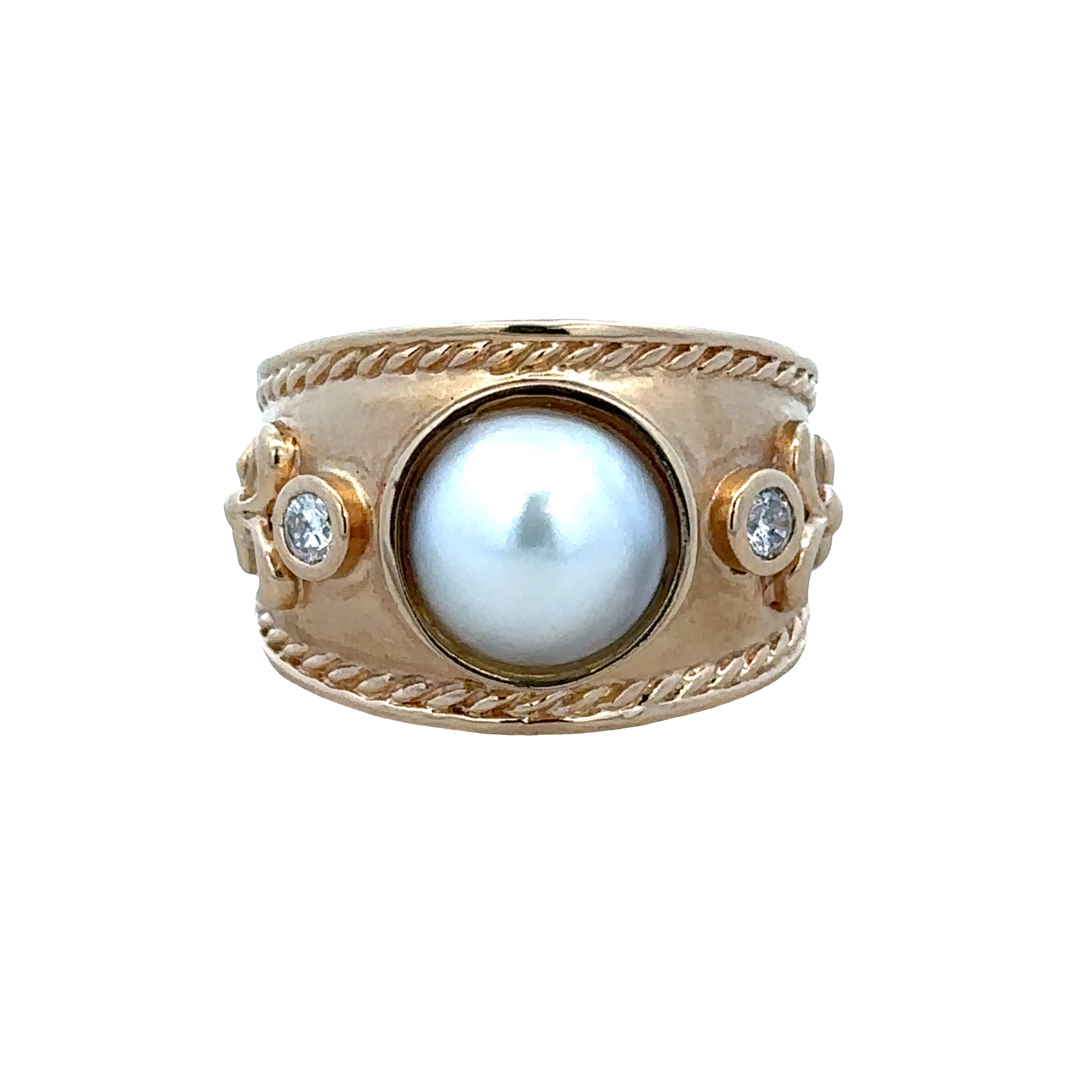 14k Yellow Gold Mabe Pearl & Diamond Etruscan-Style Ring – Size 6.25