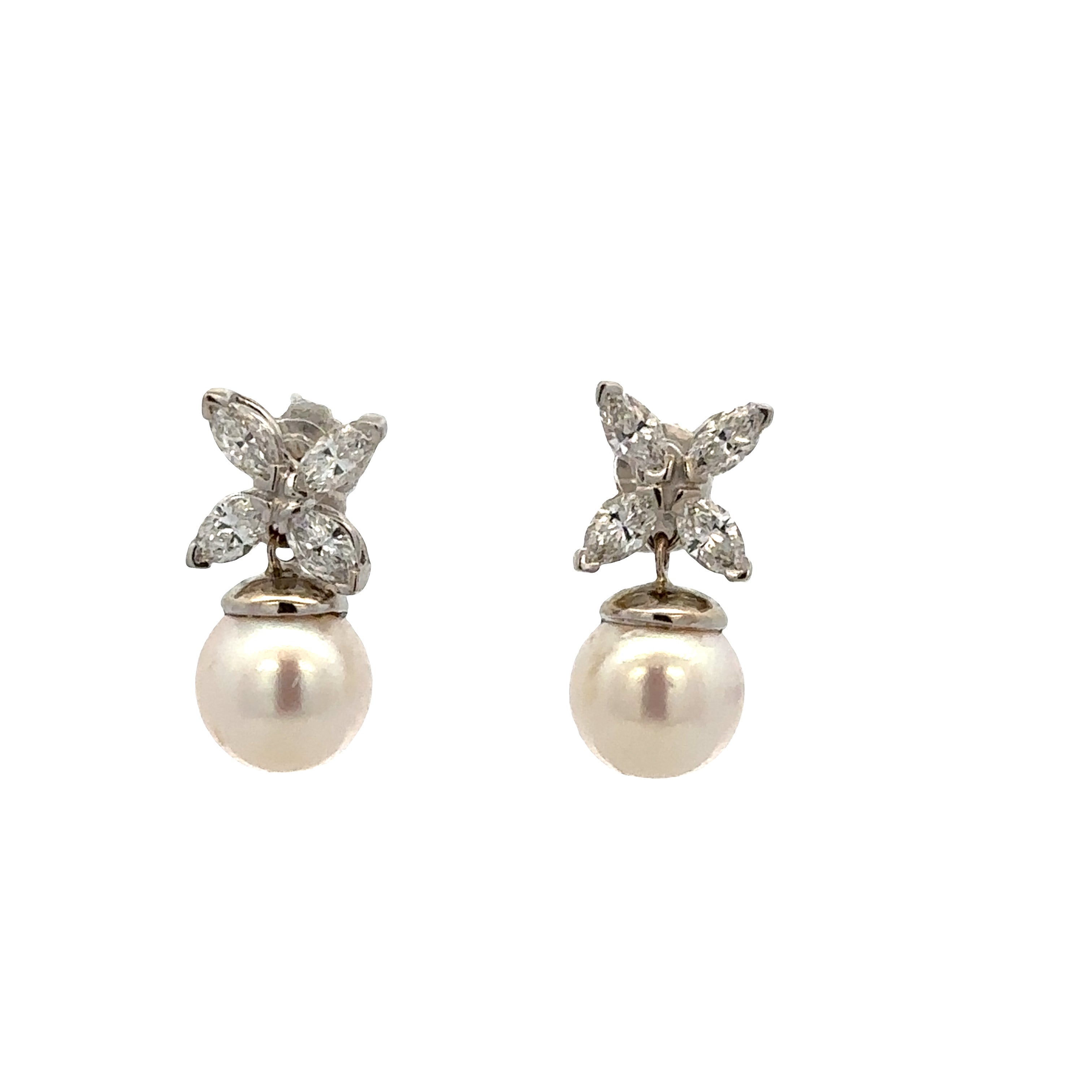 14k White Gold Akoya Pearl & Diamond Dangle Earrings – 5/8" Tall