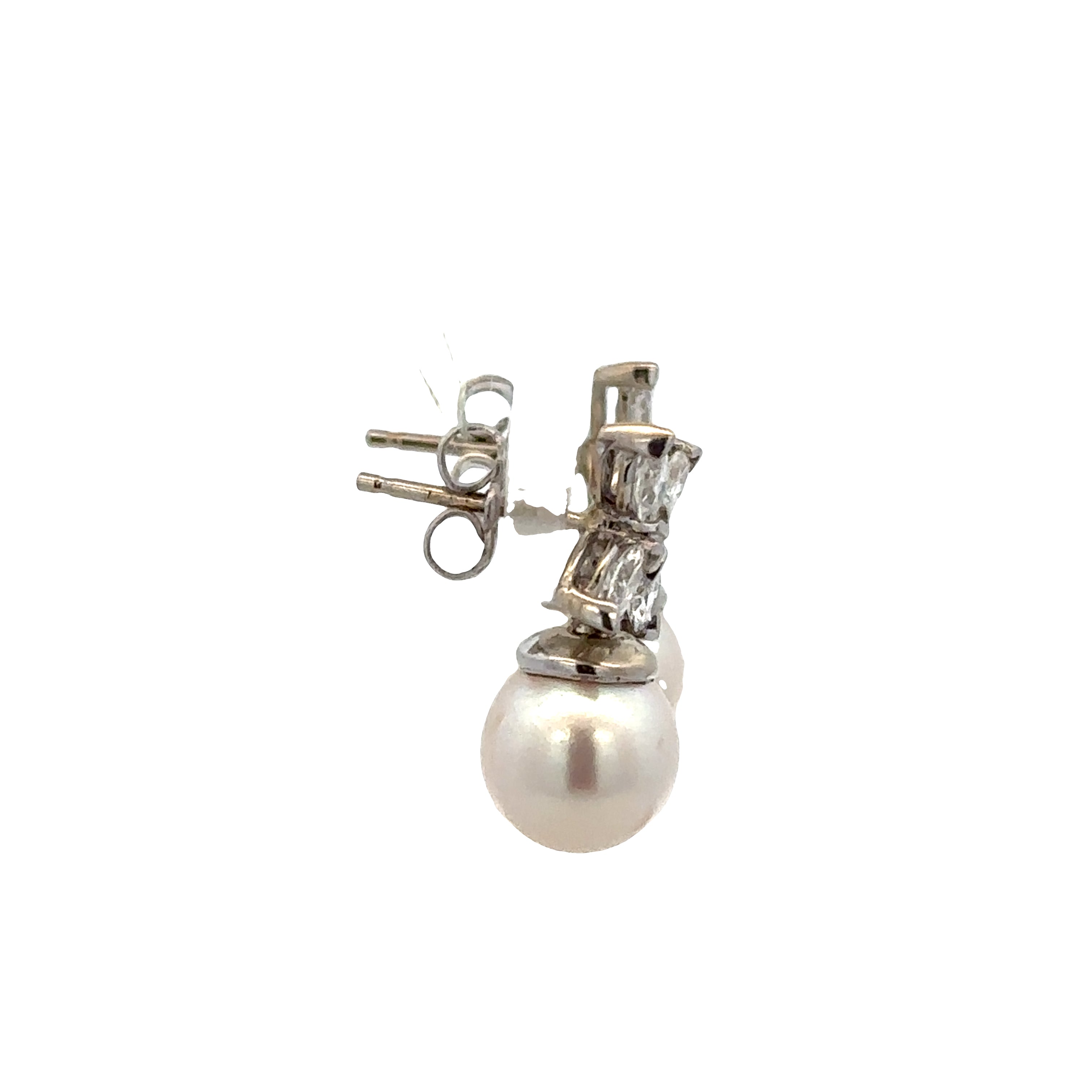 14k White Gold Akoya Pearl & Diamond Dangle Earrings – 5/8" Tall