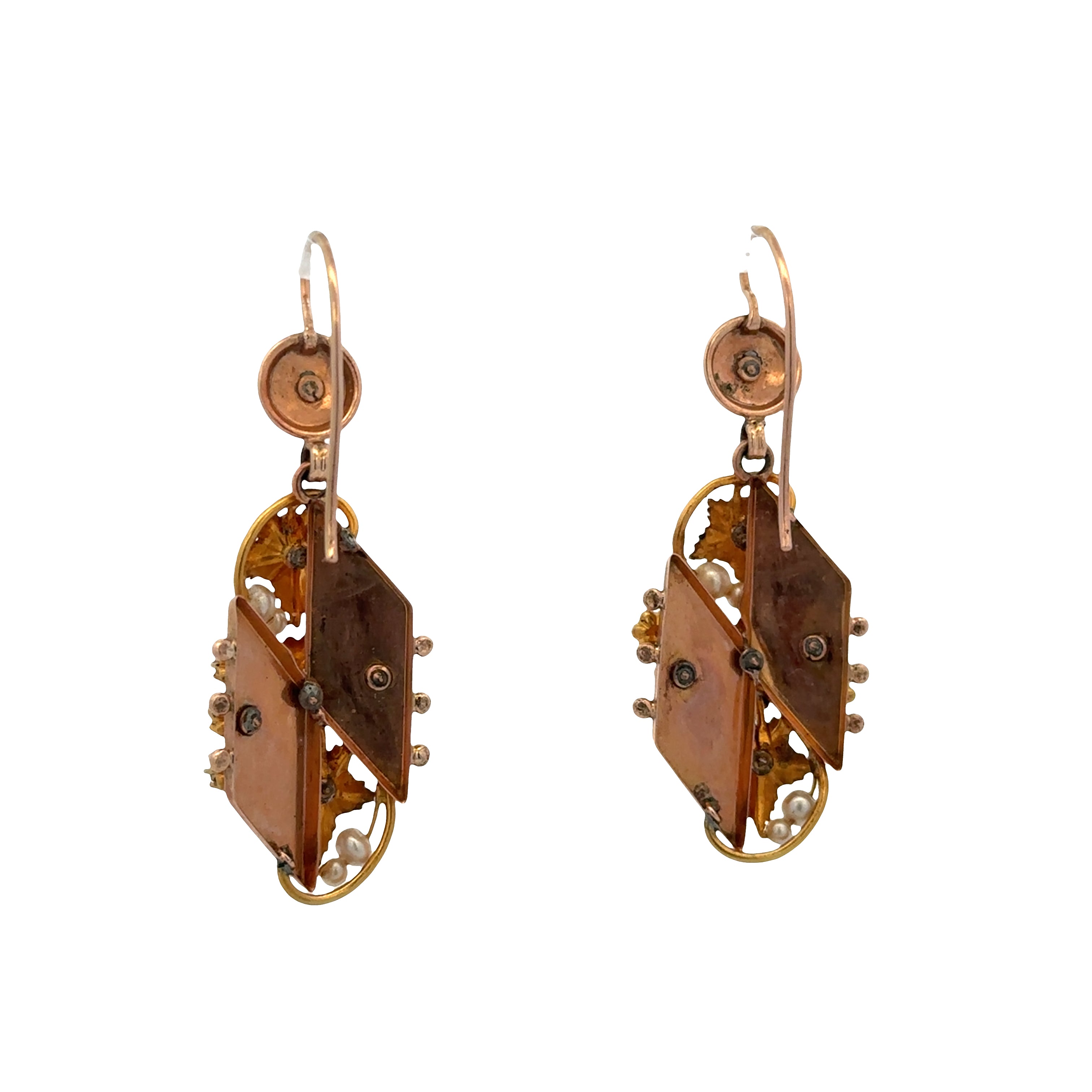 Antique Victorian 12k Rose & Yellow Gold Seed Pearl Dangle Earrings – Circa 1890s