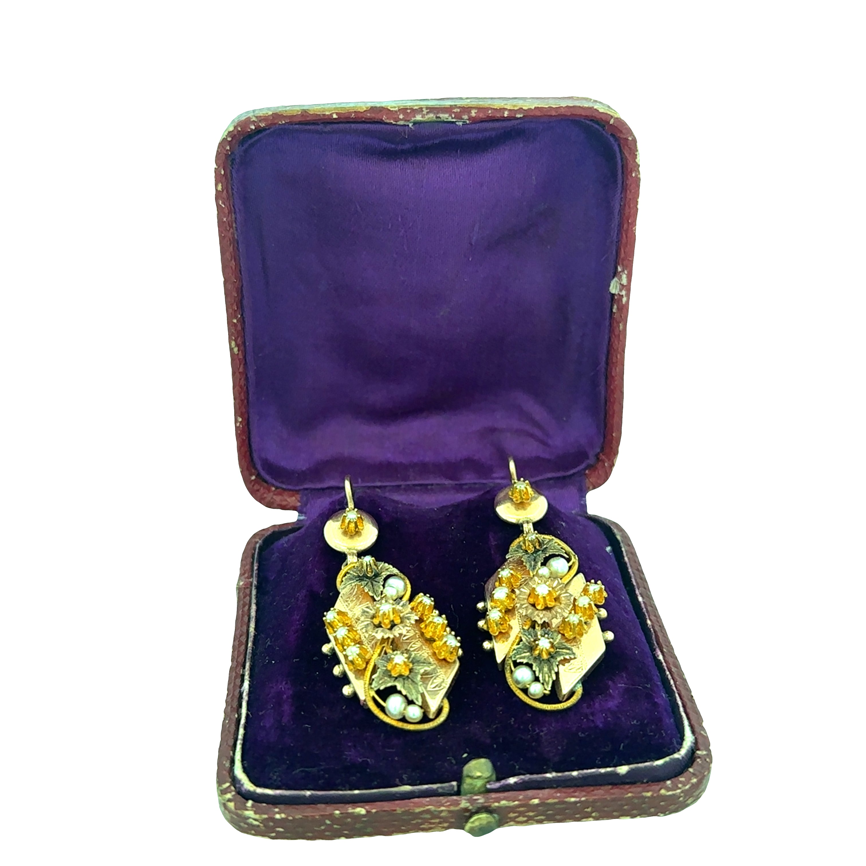 Antique Victorian 12k Rose & Yellow Gold Seed Pearl Dangle Earrings – Circa 1890s