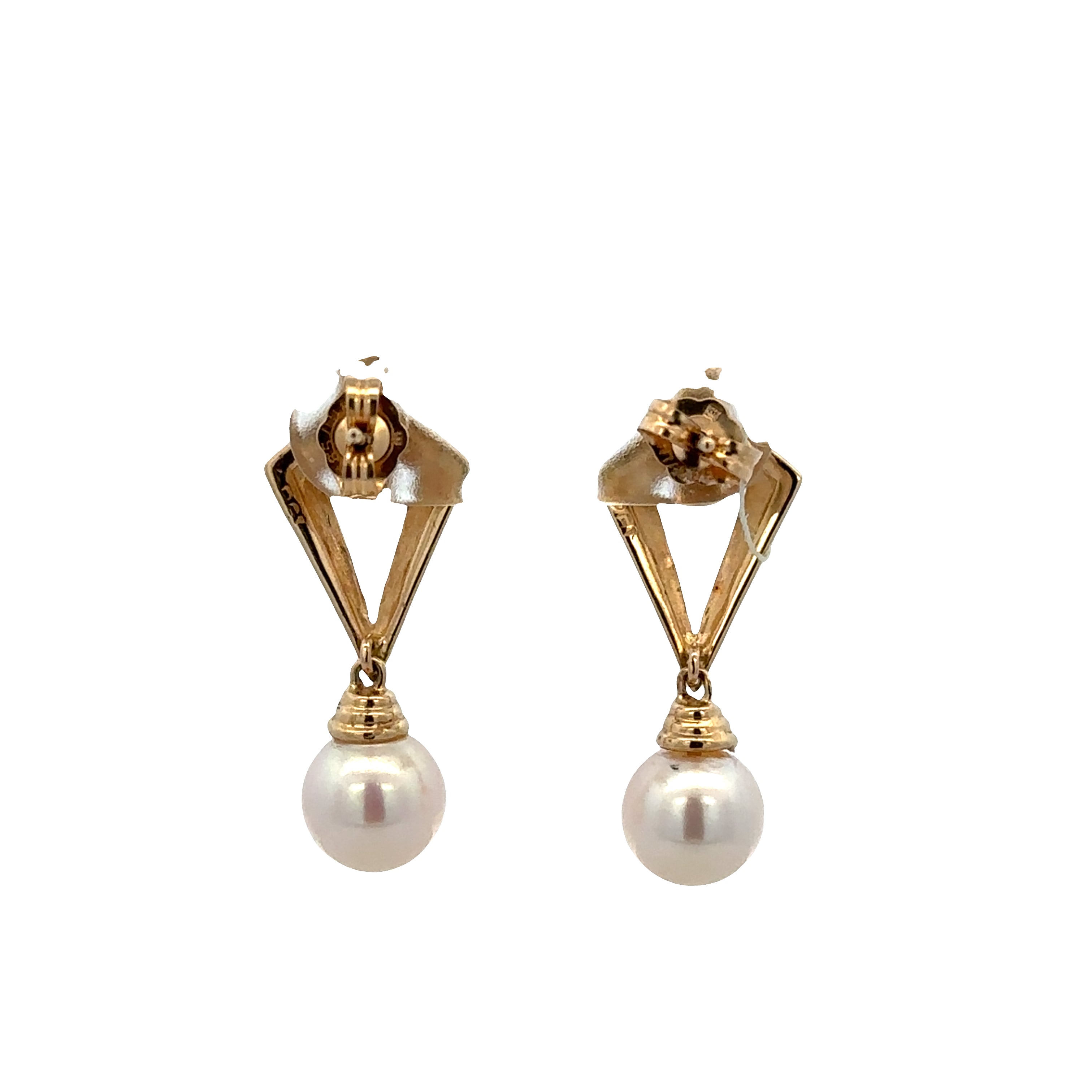 14k Yellow Gold Pearl & Diamond Geometric Dangle Earrings – 1" Tall