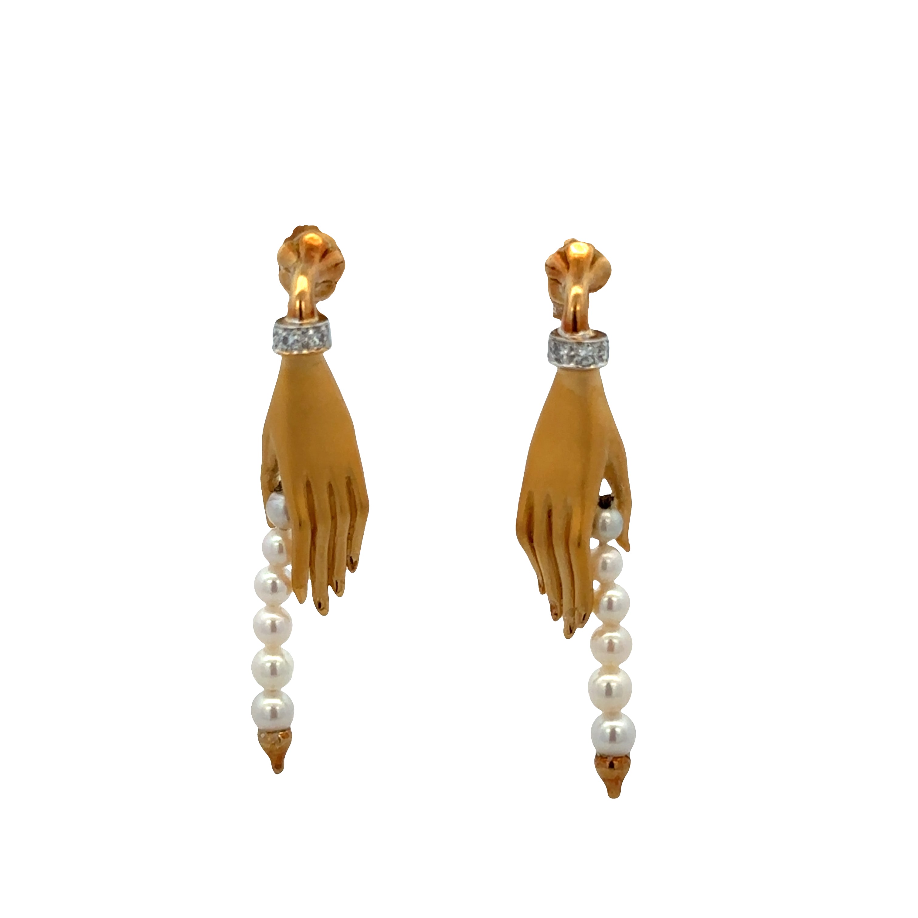Estate Carrera y Carrera "Las Manos" 18k Yellow Gold Diamond & Seed Pearl Earrings