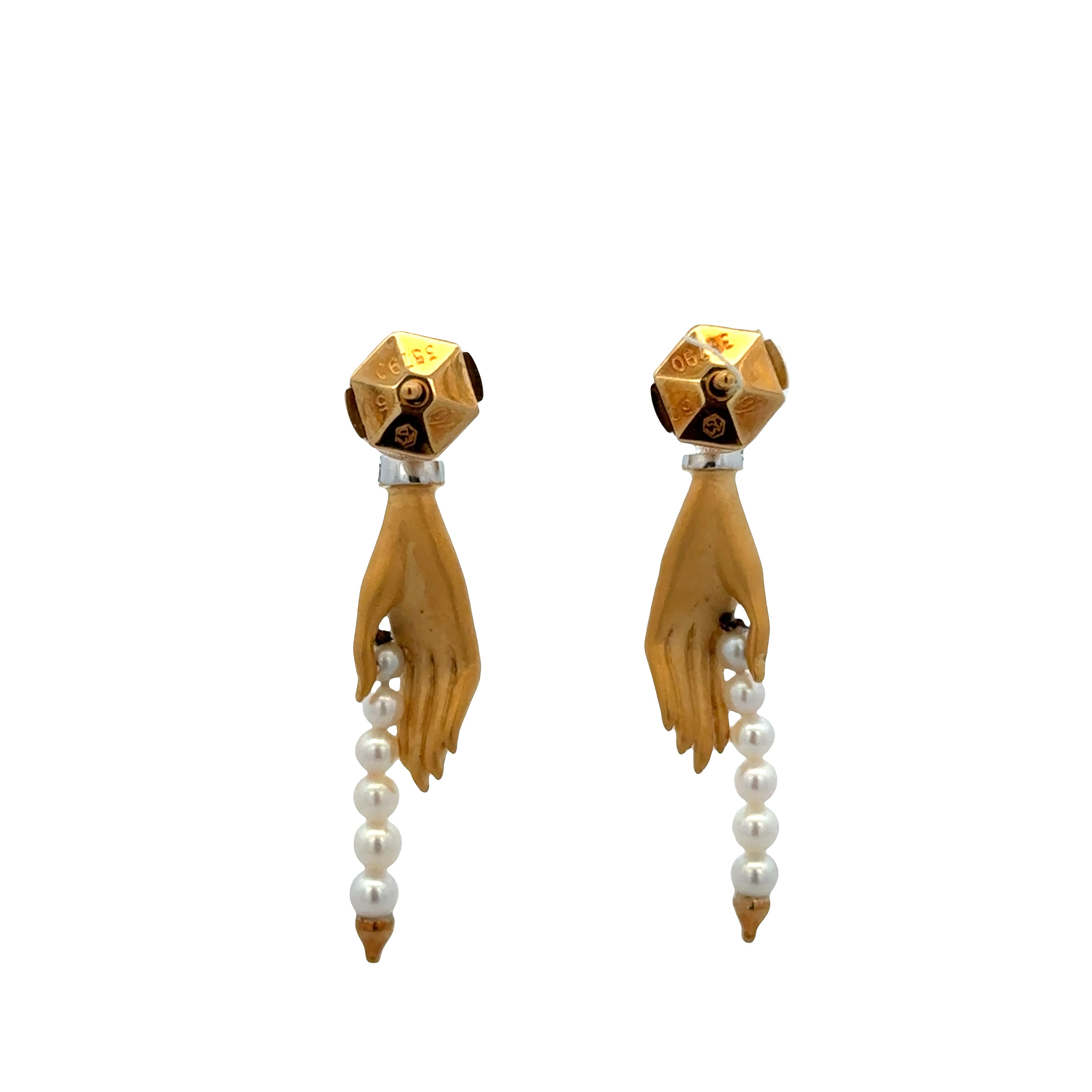 Estate Carrera y Carrera "Las Manos" 18k Yellow Gold Diamond & Seed Pearl Earrings