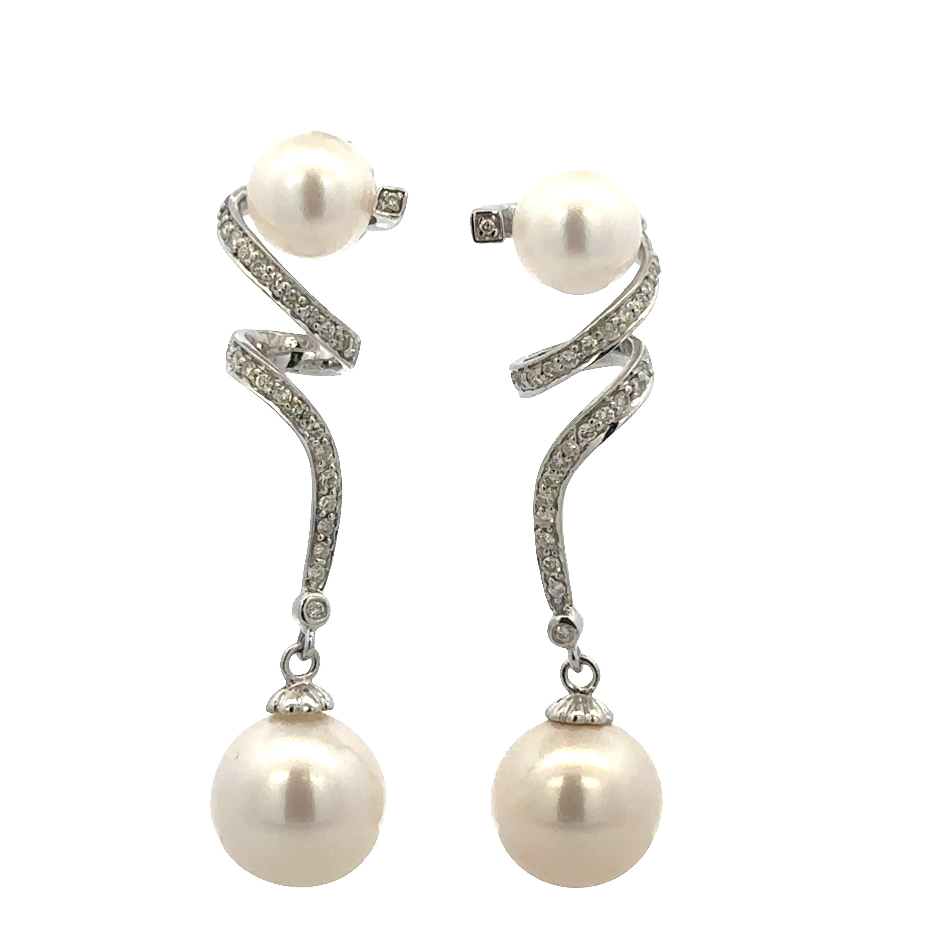 14k White Gold Tahitian Pearl & Diamond Swirl Drop Earrings