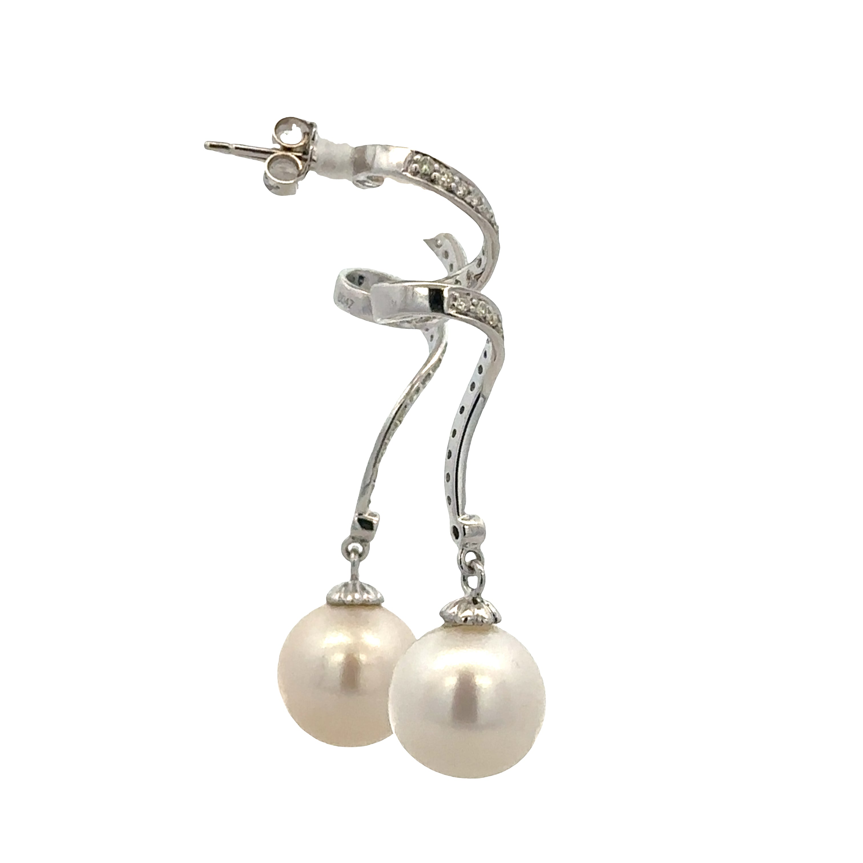 14k White Gold Tahitian Pearl & Diamond Swirl Drop Earrings