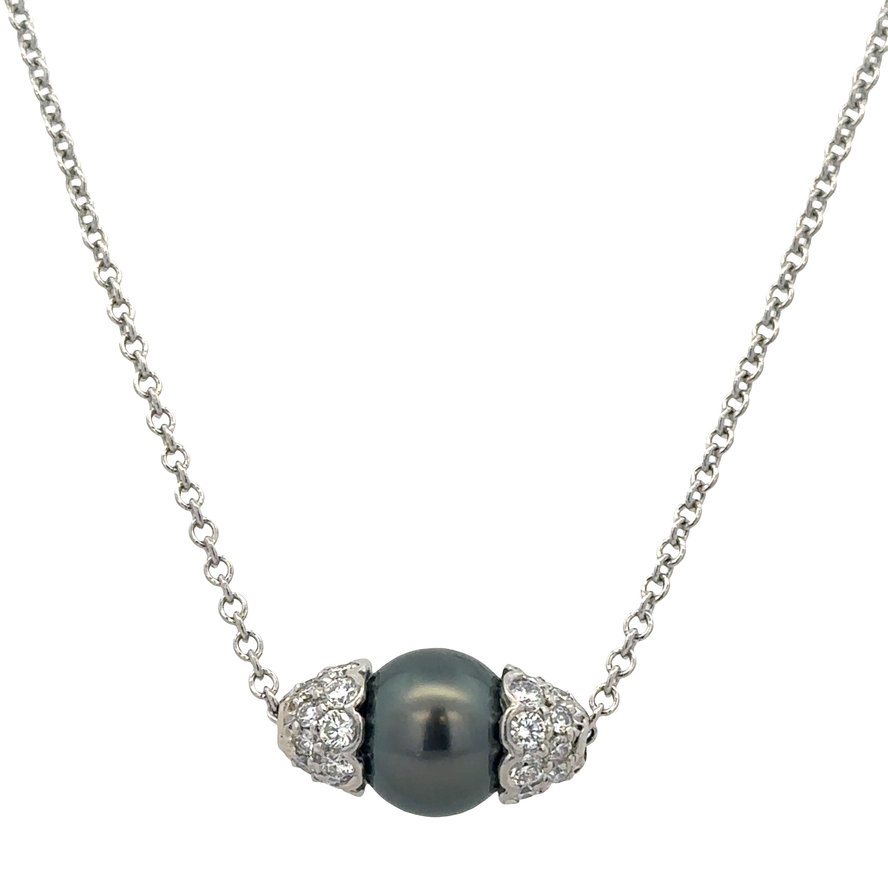 Platinum Tahitian Pearl & Diamond Cluster Necklace – 17"
