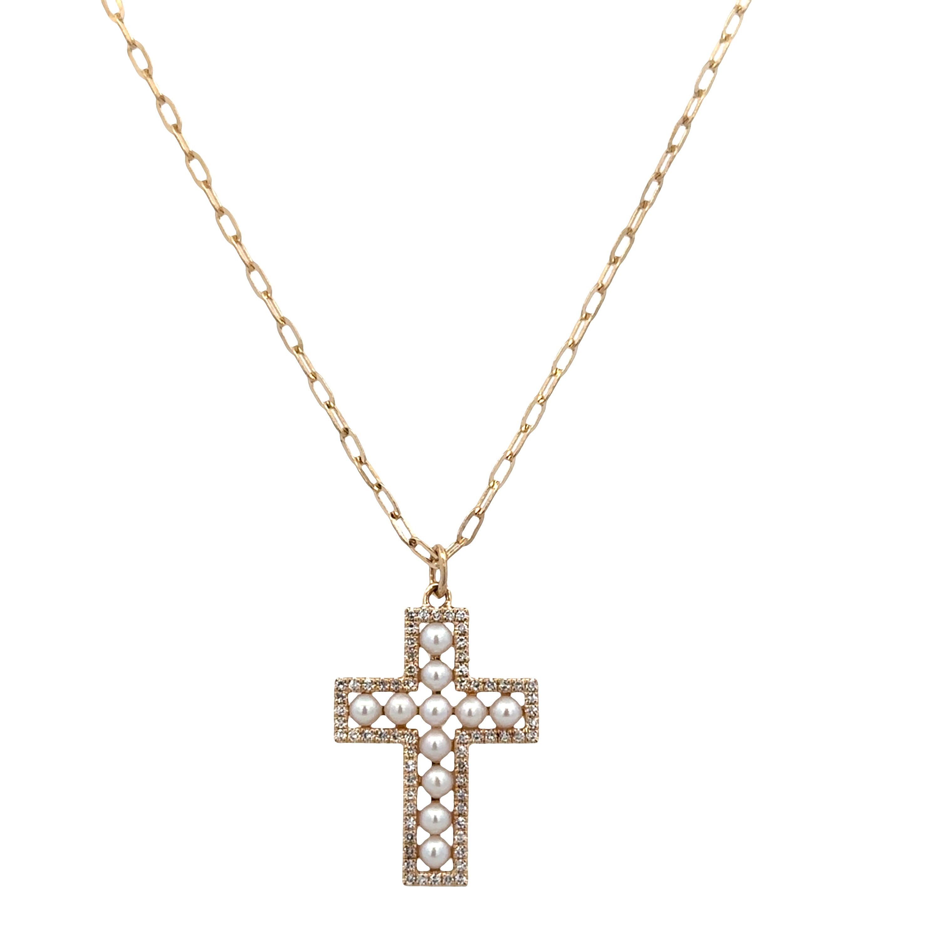 14k Yellow Gold Pearl & Diamond Cross Pendant Necklace – Adjustable 18"