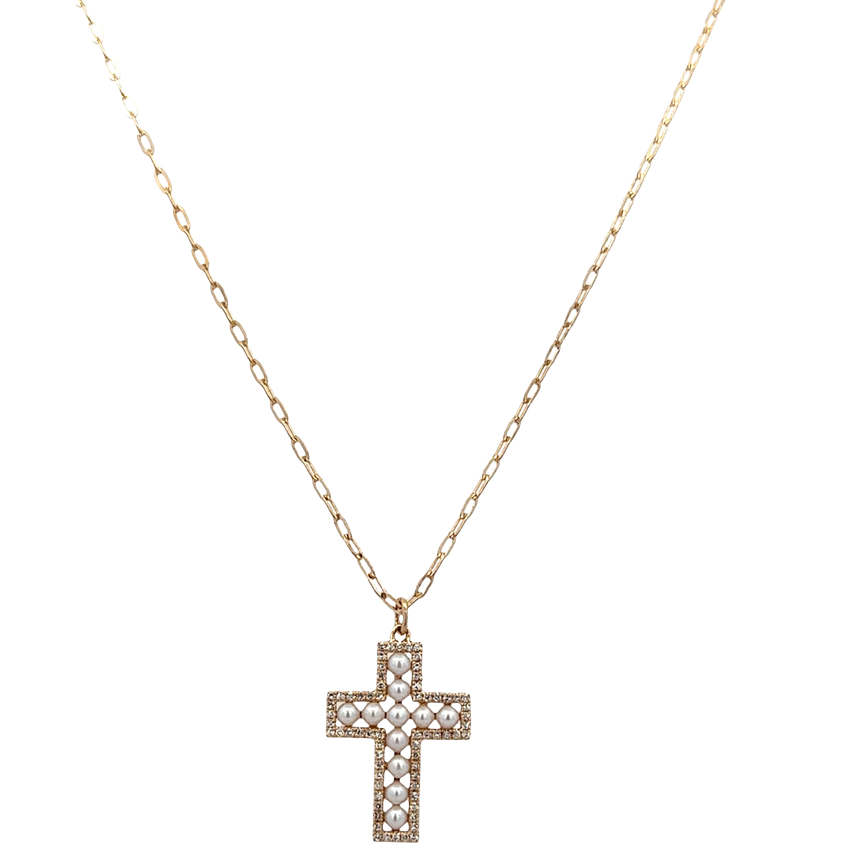 14k Yellow Gold Pearl & Diamond Cross Pendant Necklace – Adjustable 18"