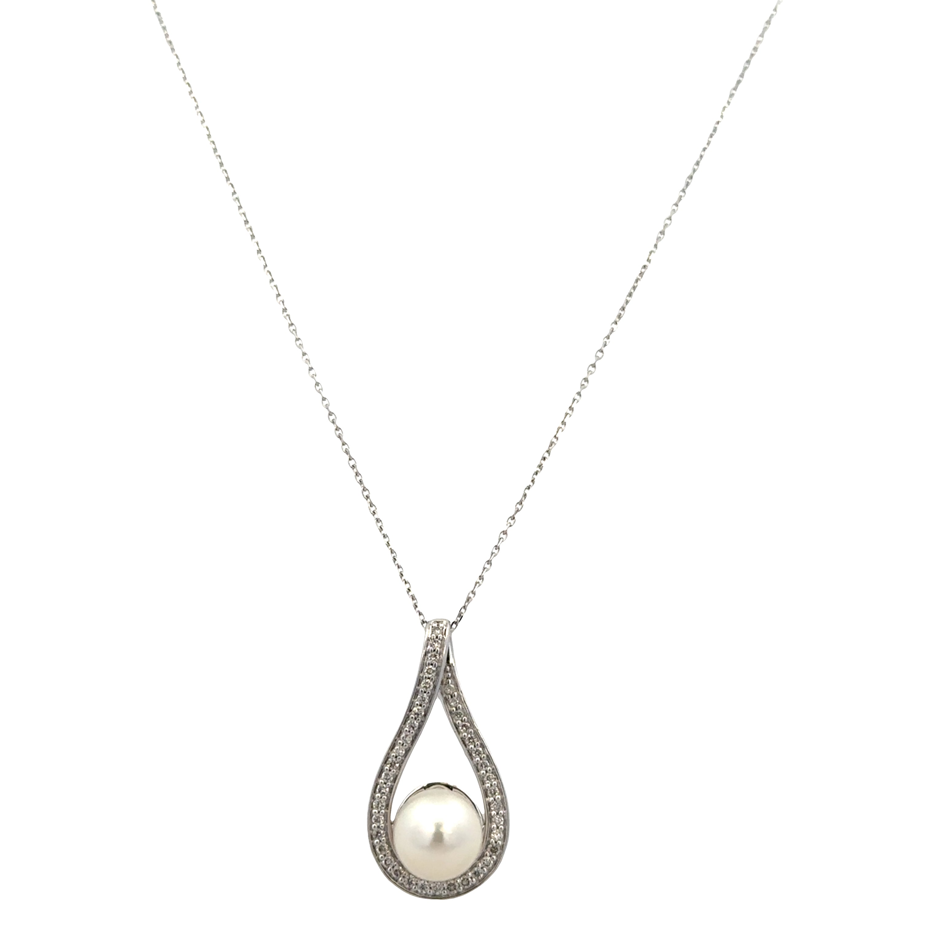 14k White Gold Pearl & Diamond Teardrop Pendant Necklace – 18"