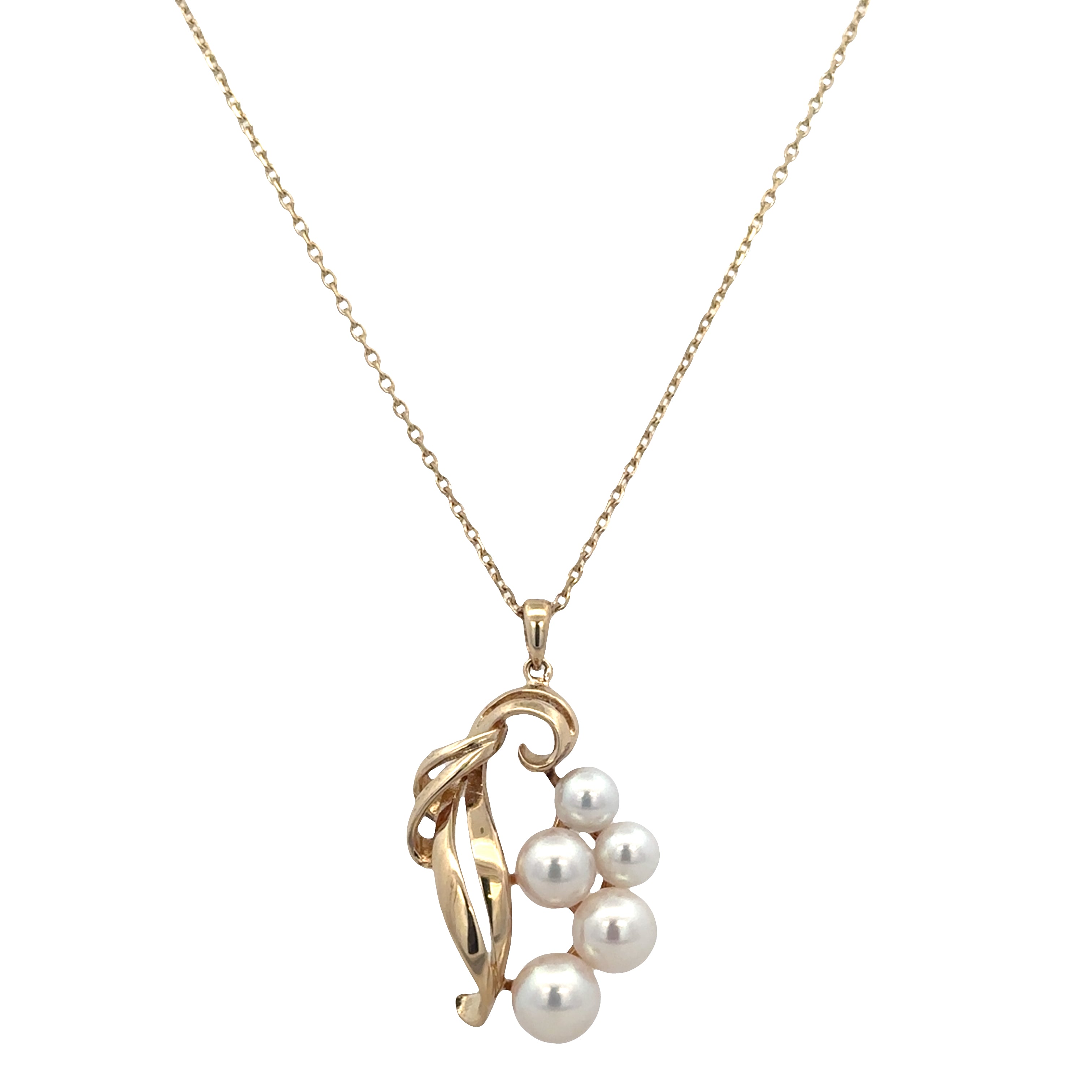 Estate Mikimoto 14k Yellow Gold Akoya Pearl Foliate Pendant Necklace – 16"