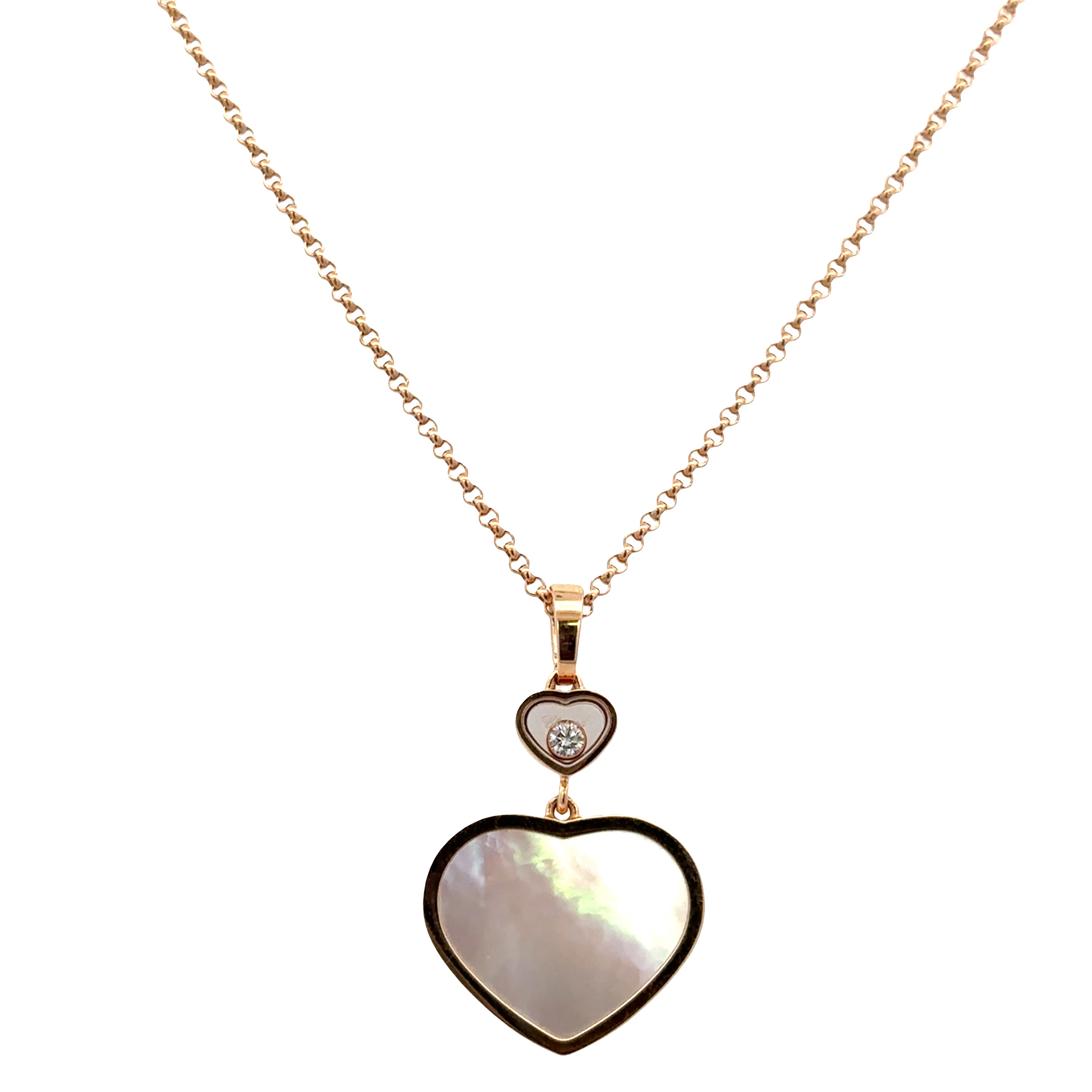 Estate Chopard 18k Rose Gold Happy Hearts Mother of Pearl & Diamond Pendant Necklace – Adjustable 18"