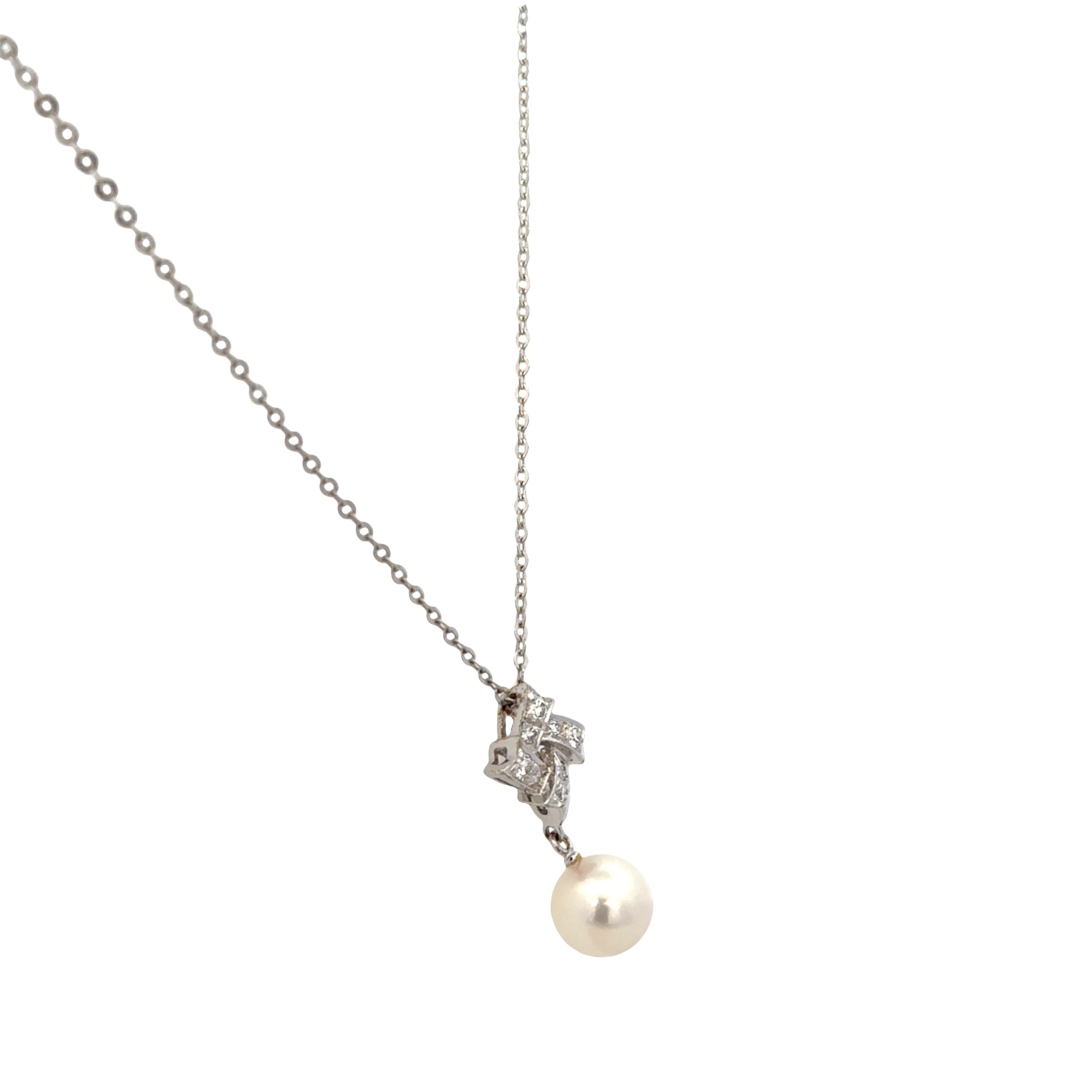 Estate Mikimoto 18k White Gold Akoya Cultured Pearl & Diamond Pendant Necklace – 18"