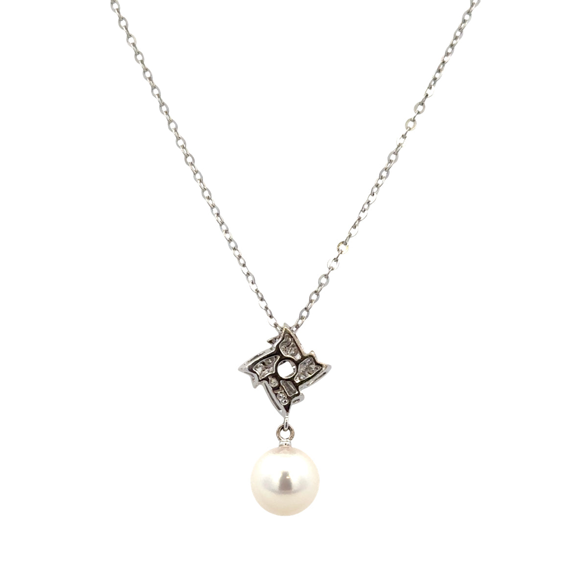 Estate Mikimoto 18k White Gold Akoya Cultured Pearl & Diamond Pendant Necklace – 18"