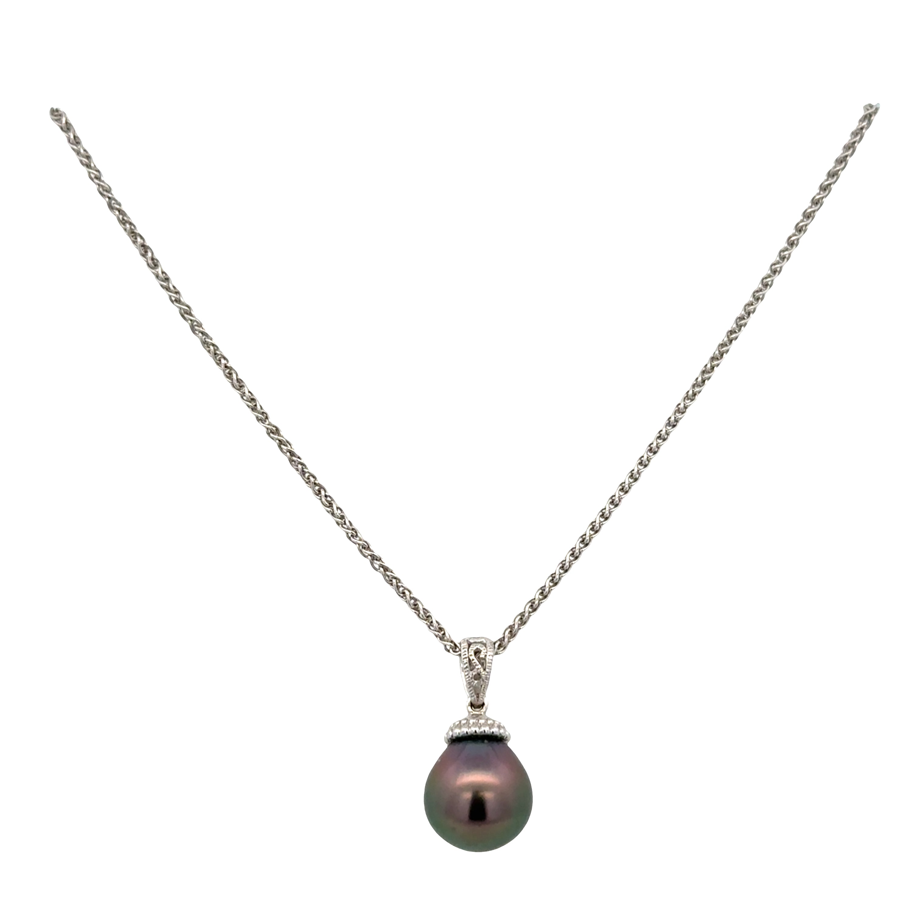 18k White Gold Tahitian Pearl & Diamond Pendant Necklace – 18"