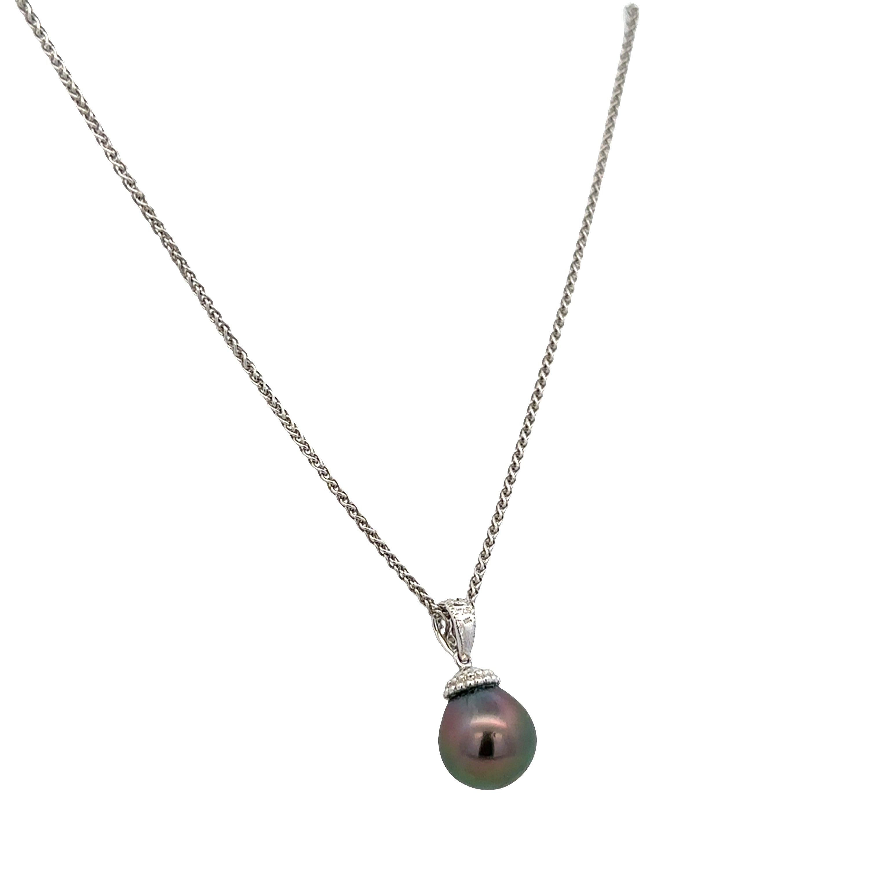 18k White Gold Tahitian Pearl & Diamond Pendant Necklace – 18"