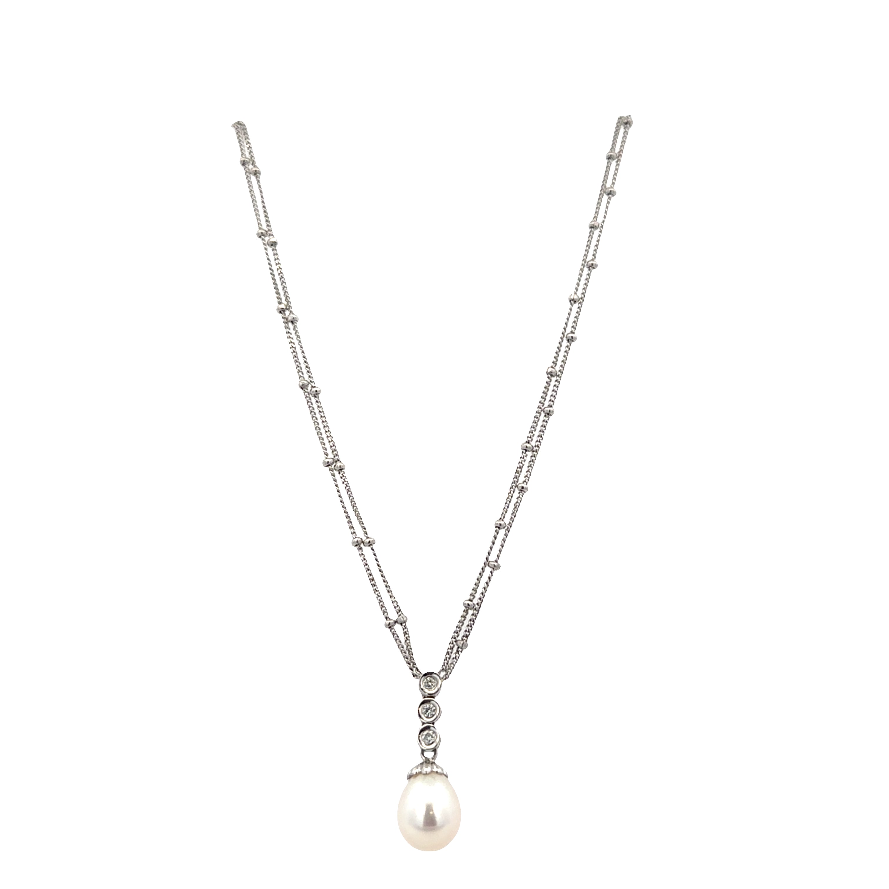 14k White Gold Double Strand Diamond & Freshwater Pearl Necklace – 18 Inches