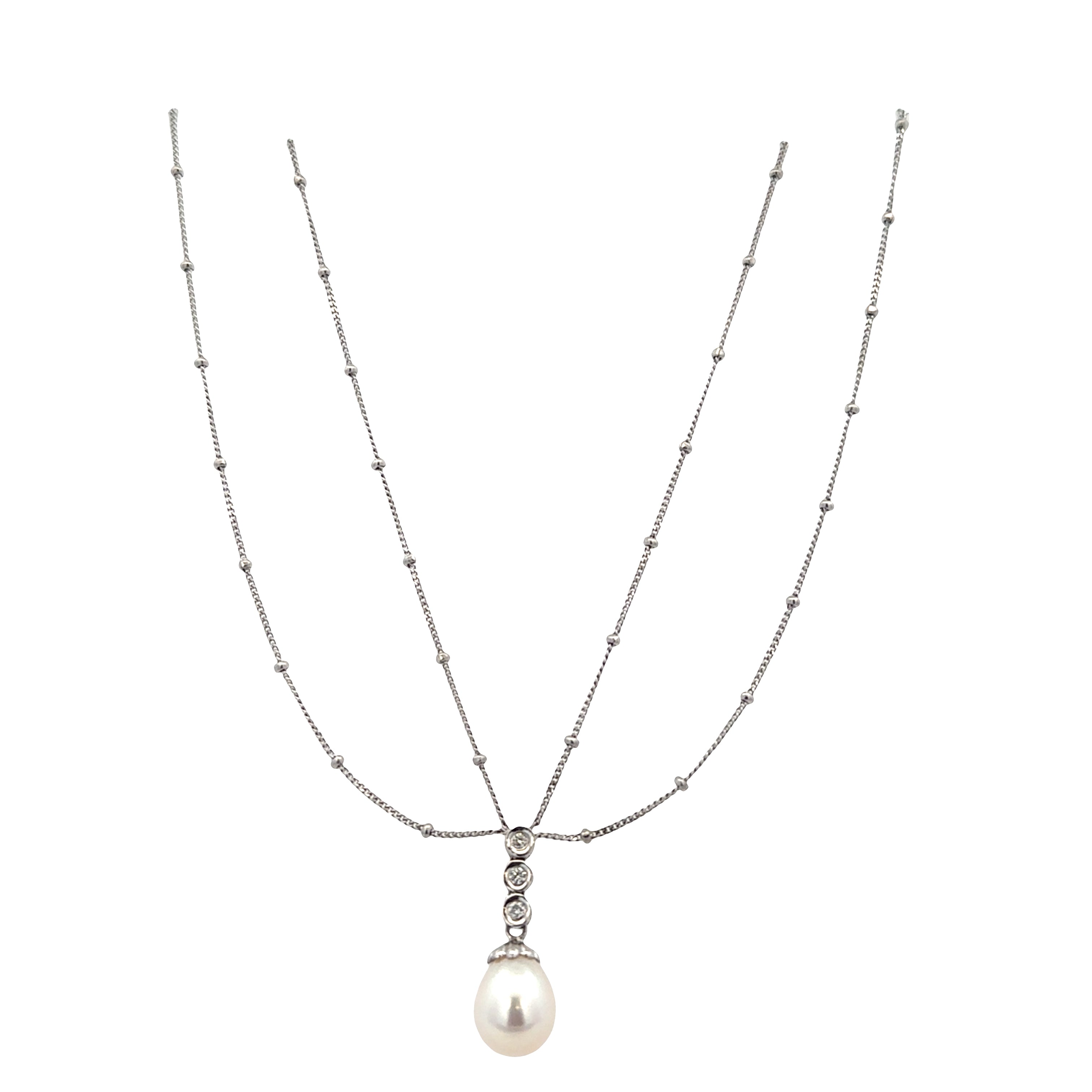 14k White Gold Double Strand Diamond & Freshwater Pearl Necklace – 18 Inches
