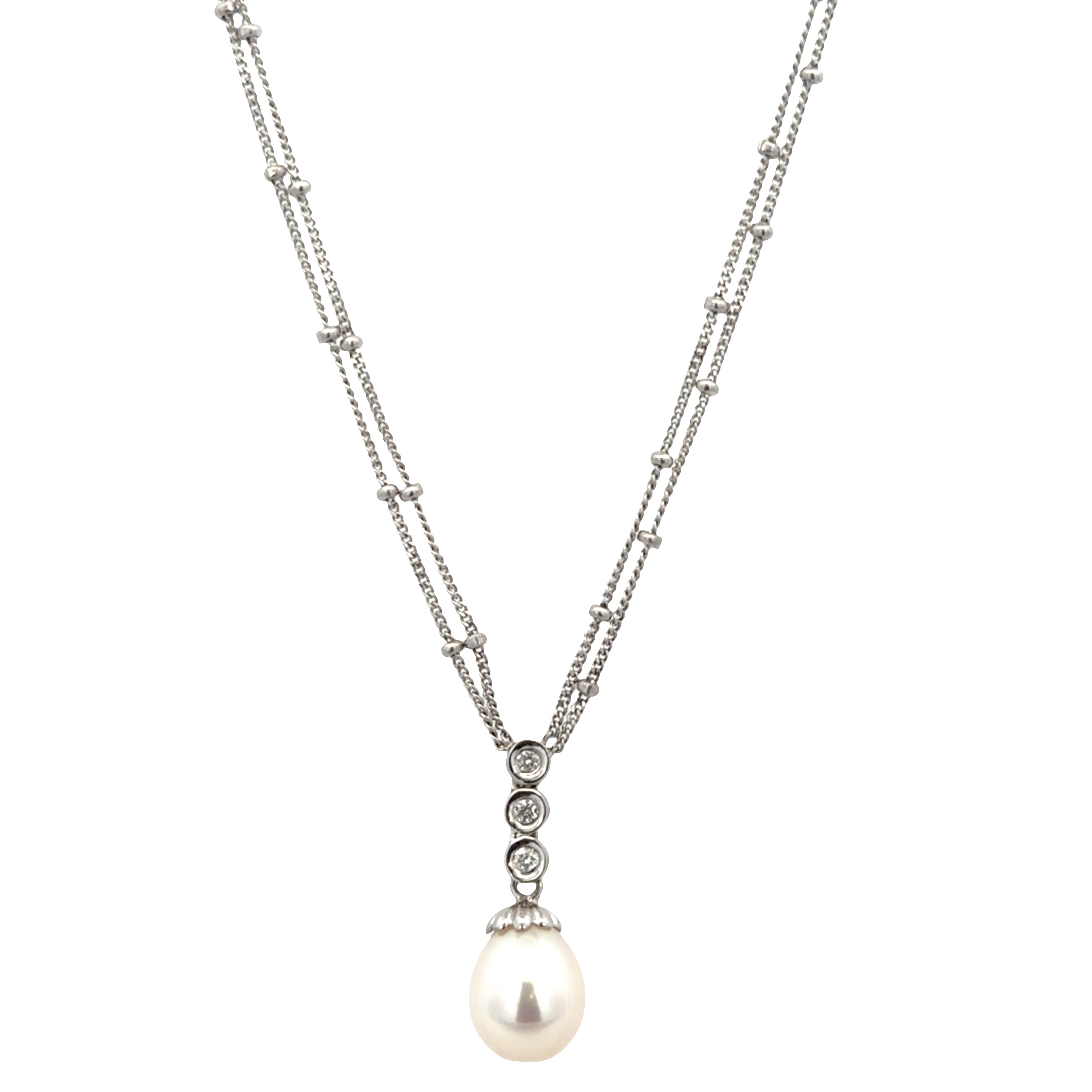 14k White Gold Double Strand Diamond & Freshwater Pearl Necklace – 18 Inches
