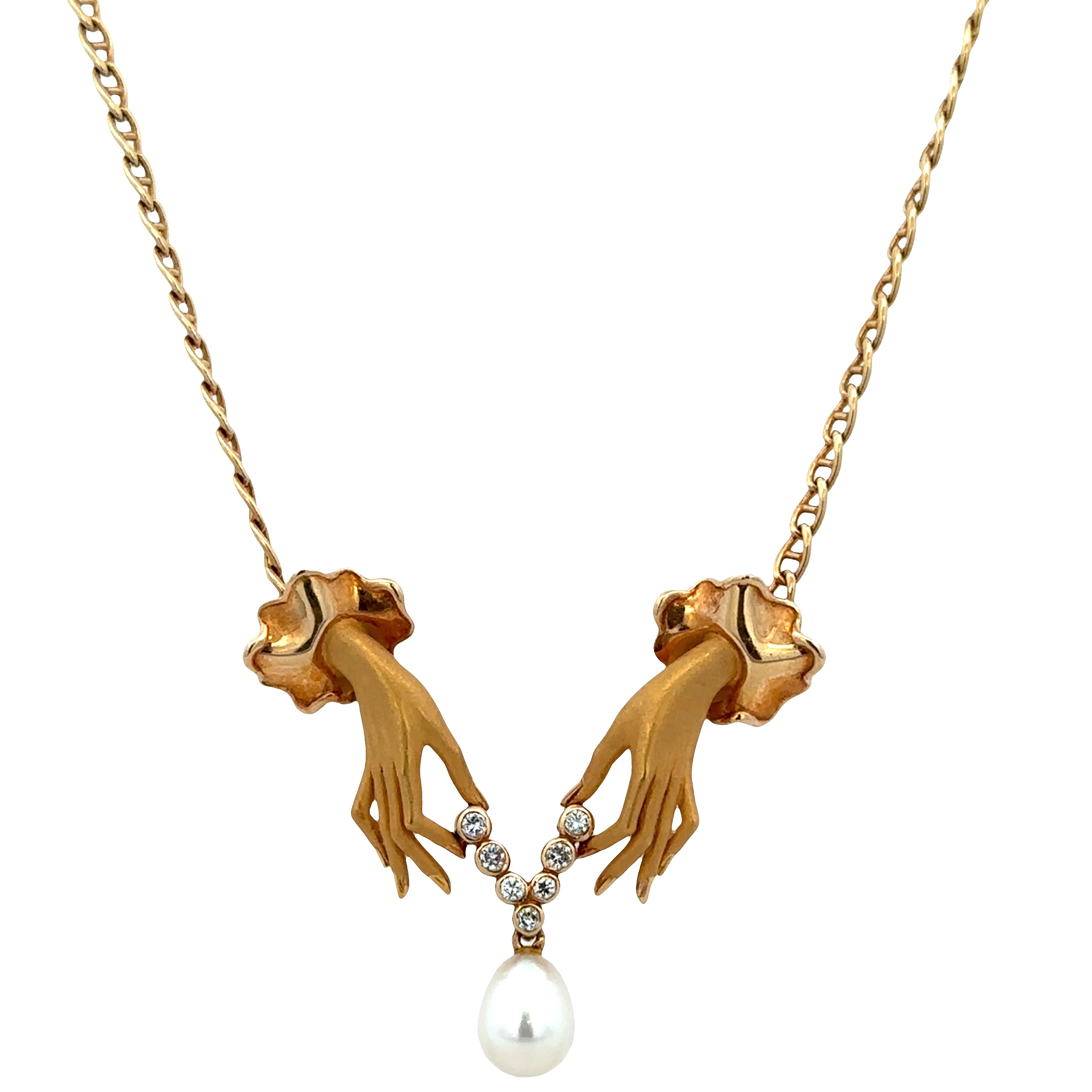 Estate Carrera y Carrera "Las Manos" 18k Yellow Gold Diamond & Pearl Necklace – 18"