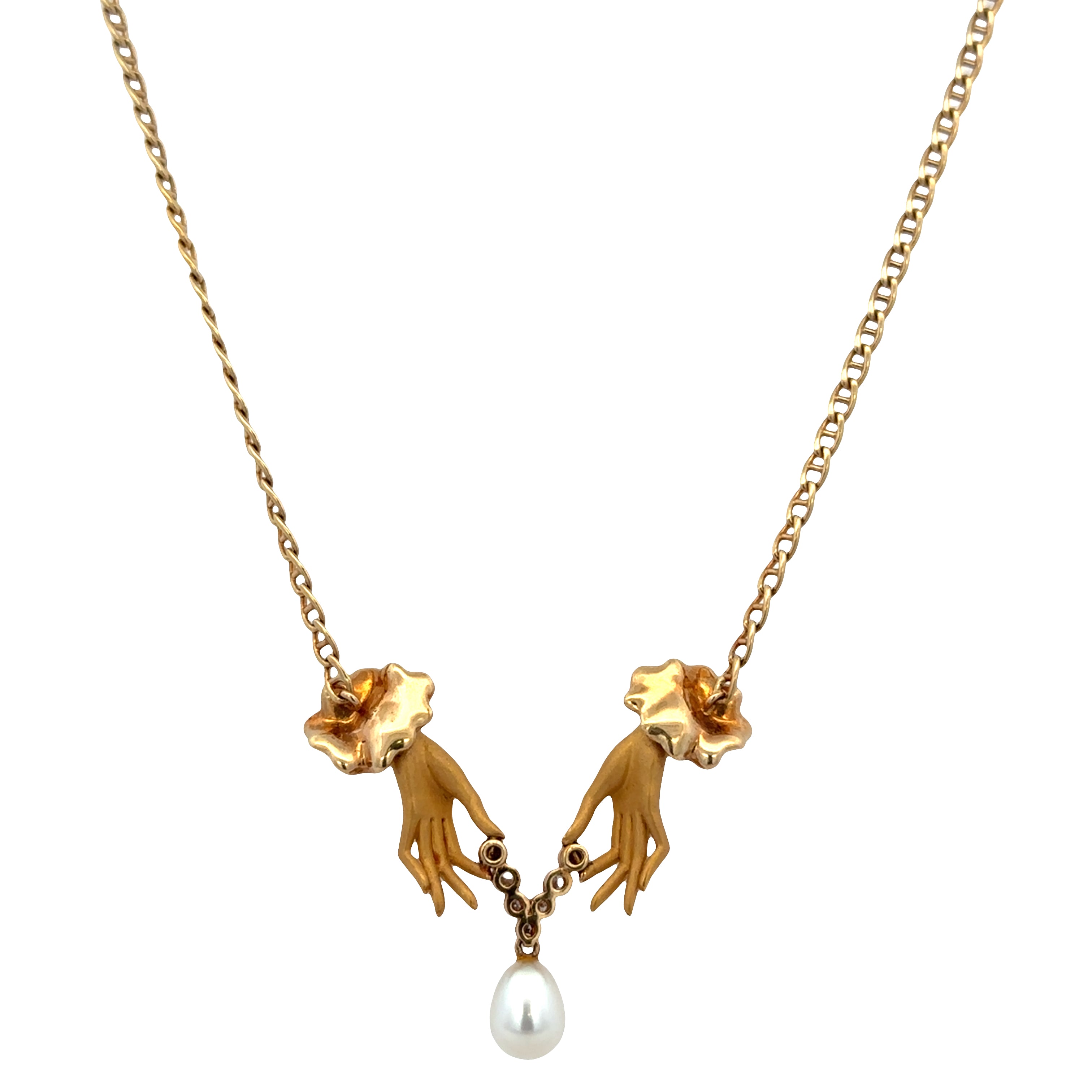 Estate Carrera y Carrera "Las Manos" 18k Yellow Gold Diamond & Pearl Necklace – 18"