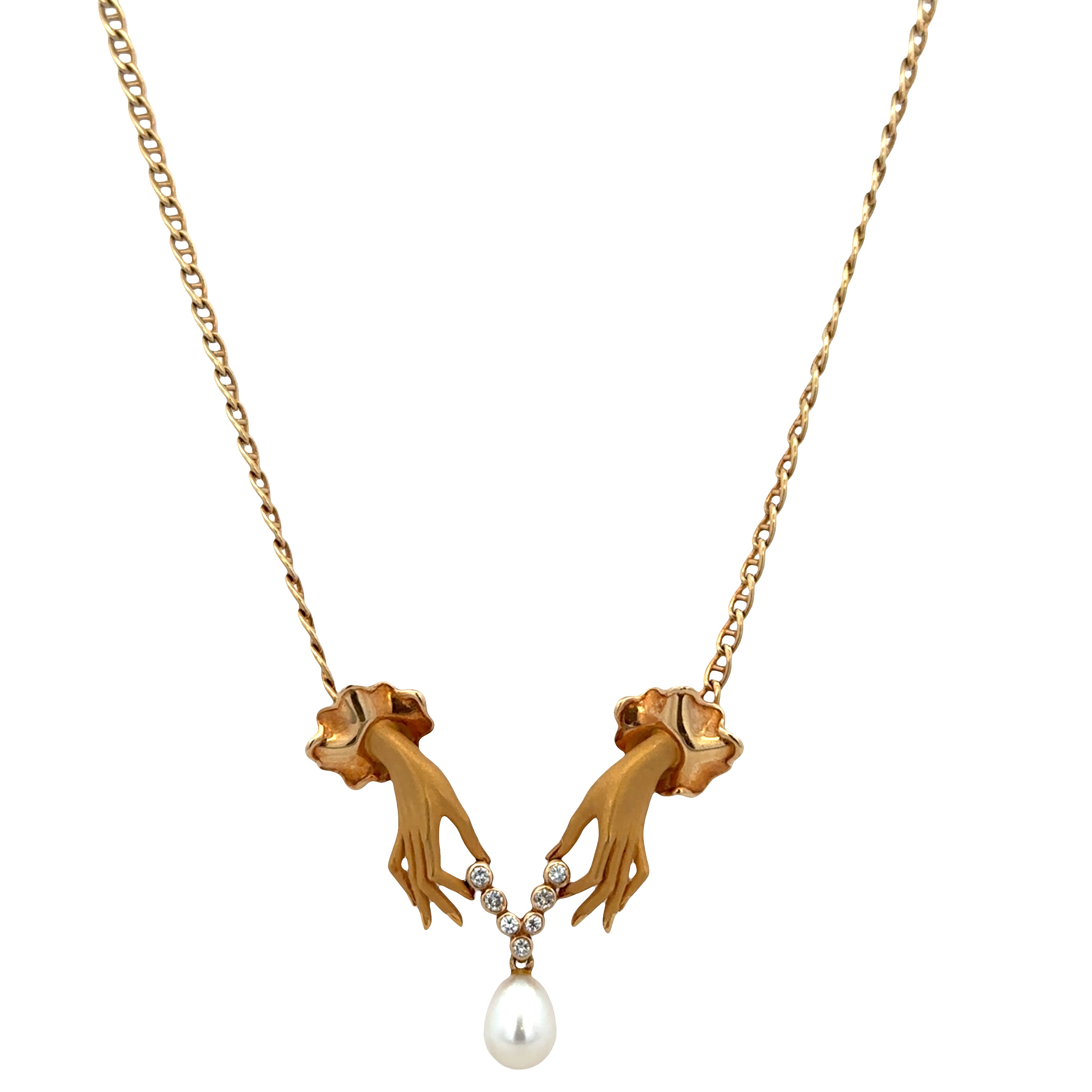 Estate Carrera y Carrera "Las Manos" 18k Yellow Gold Diamond & Pearl Necklace – 18"
