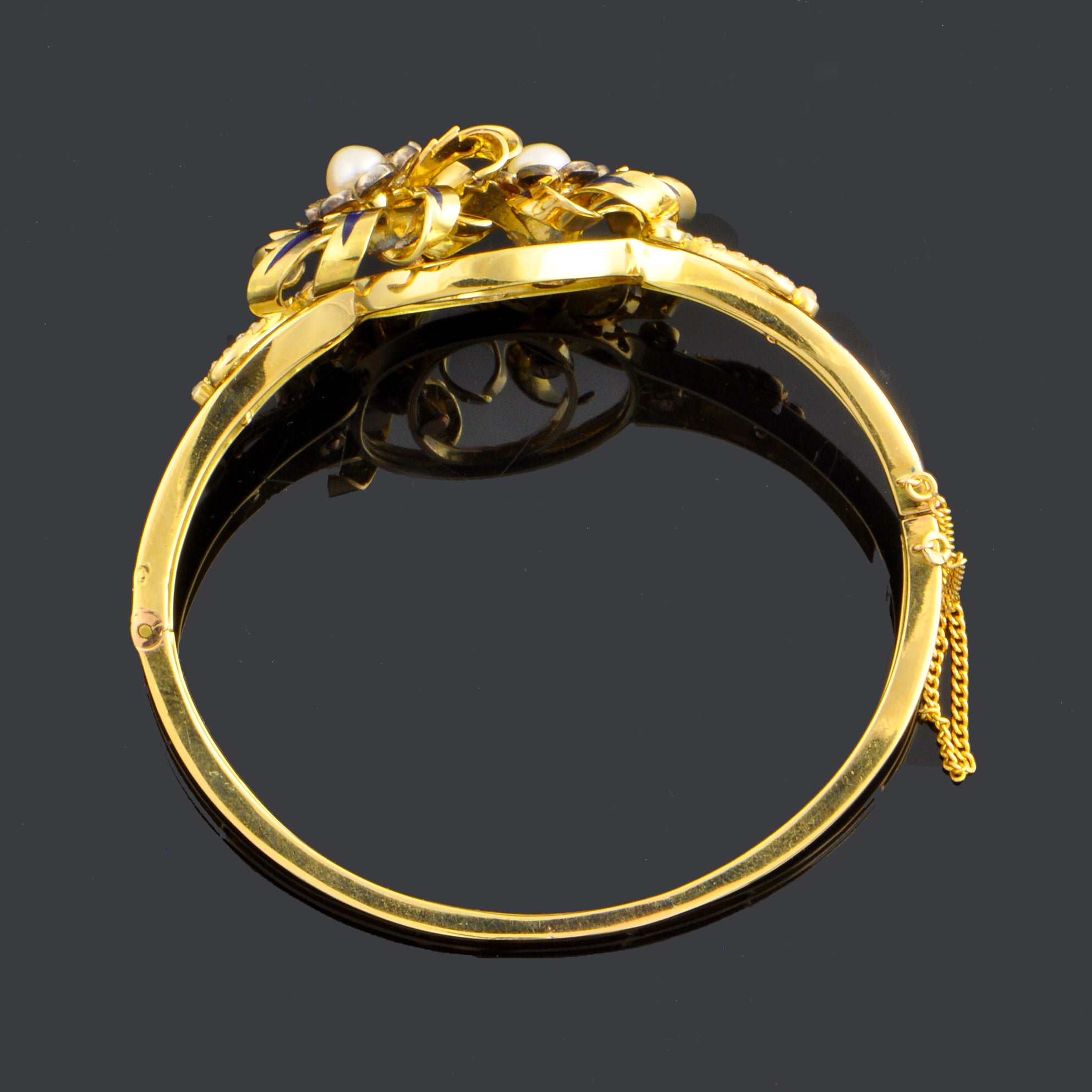 Antique Victorian 18k Yellow Gold & Silver Blue Enamel Bangle with Pearls and Rose Cut Diamonds