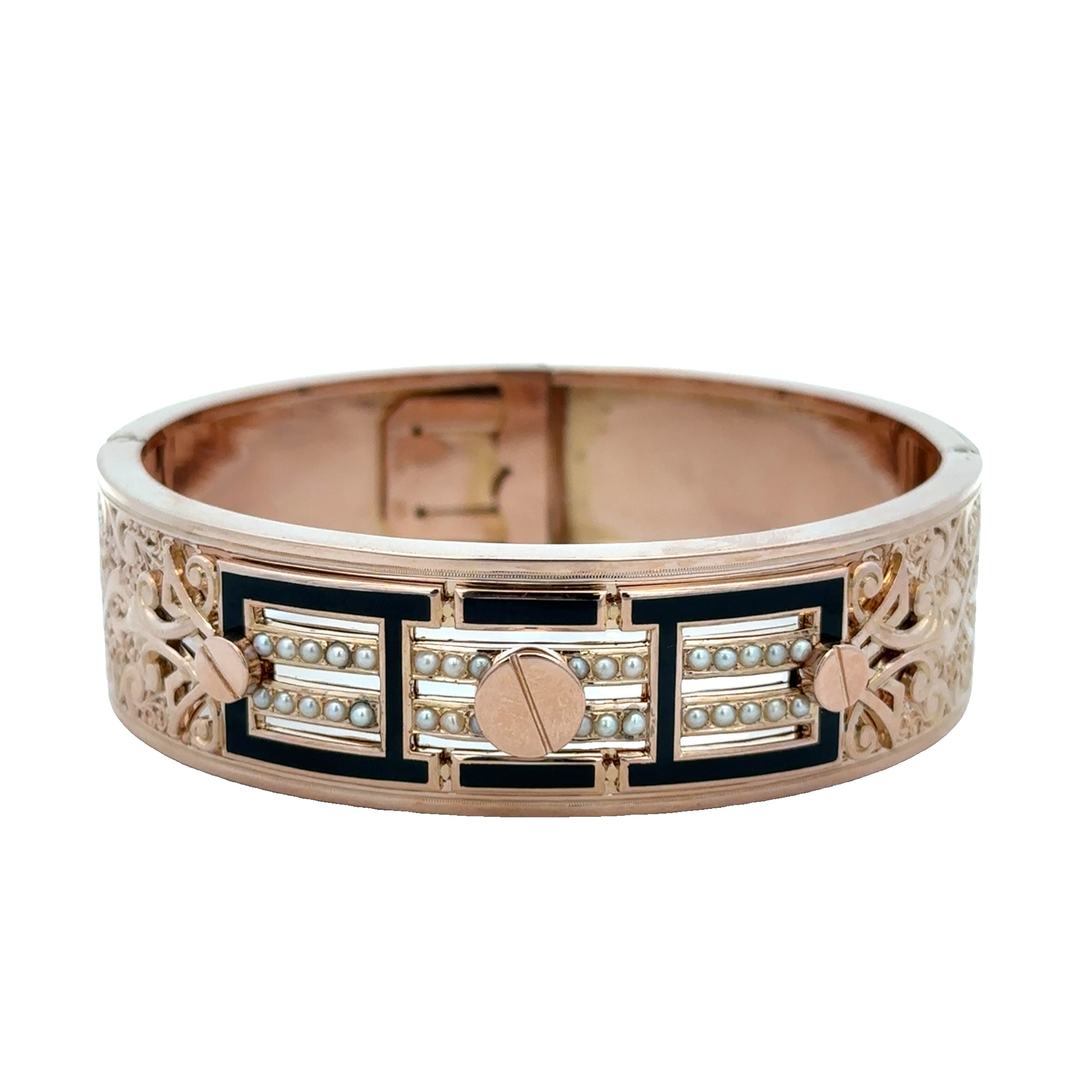 French Antique 18k Rose Gold Seed Pearl and Black Enamel Bracelet