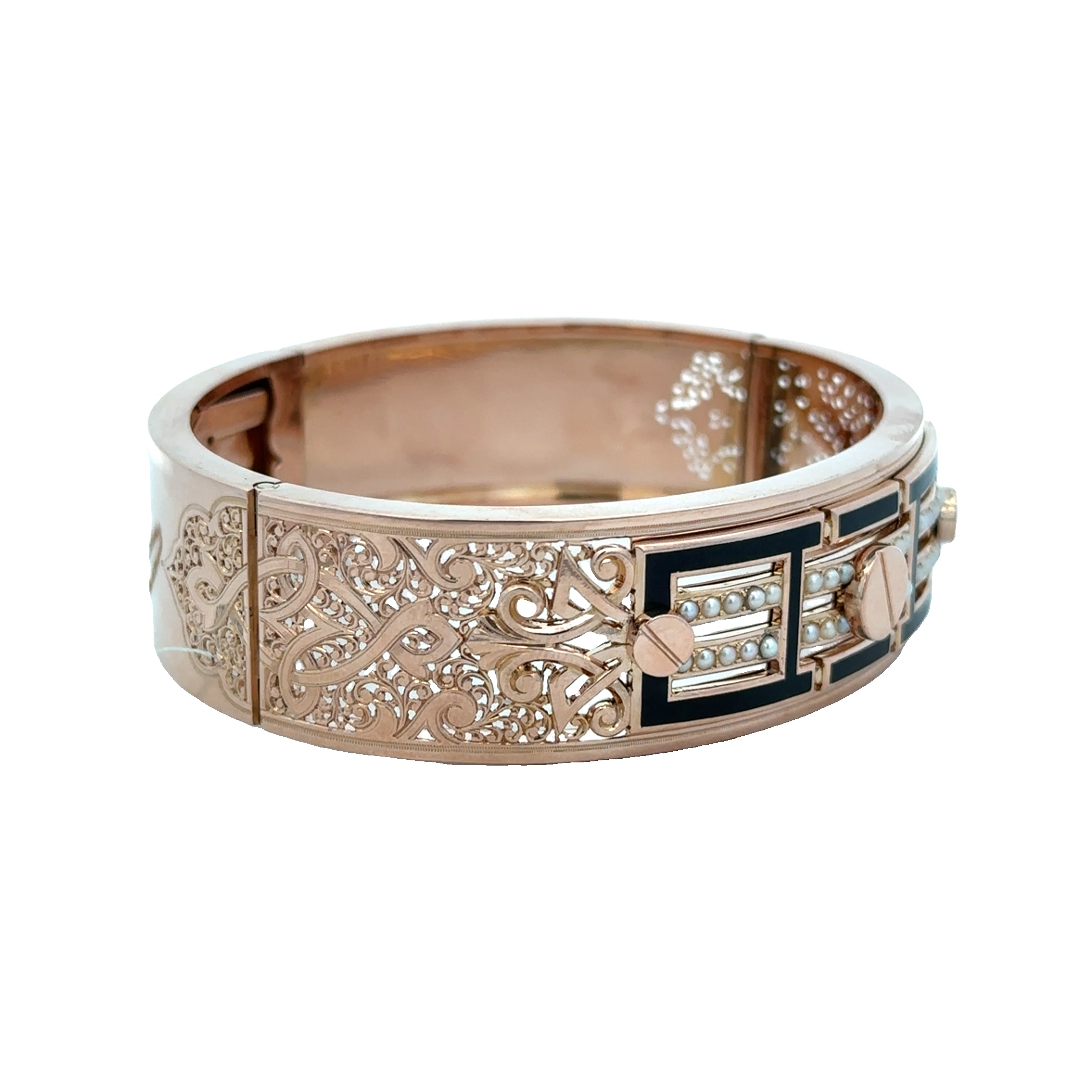 French Antique 18k Rose Gold Seed Pearl and Black Enamel Bracelet
