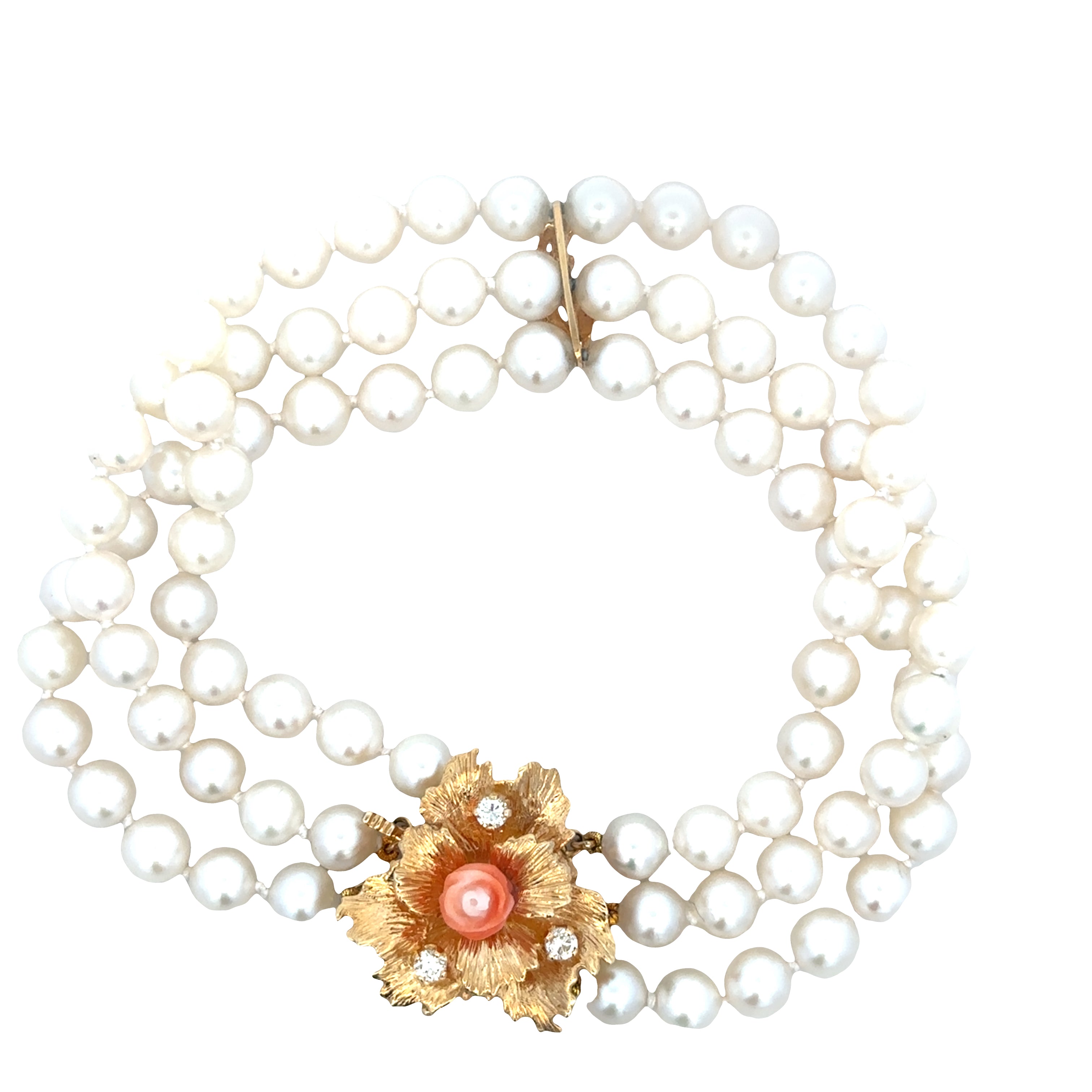 Vintage 14k Yellow Gold Triple-Strand Akoya Cultured Pearl Bracelet – 7.75", Circa 1960s