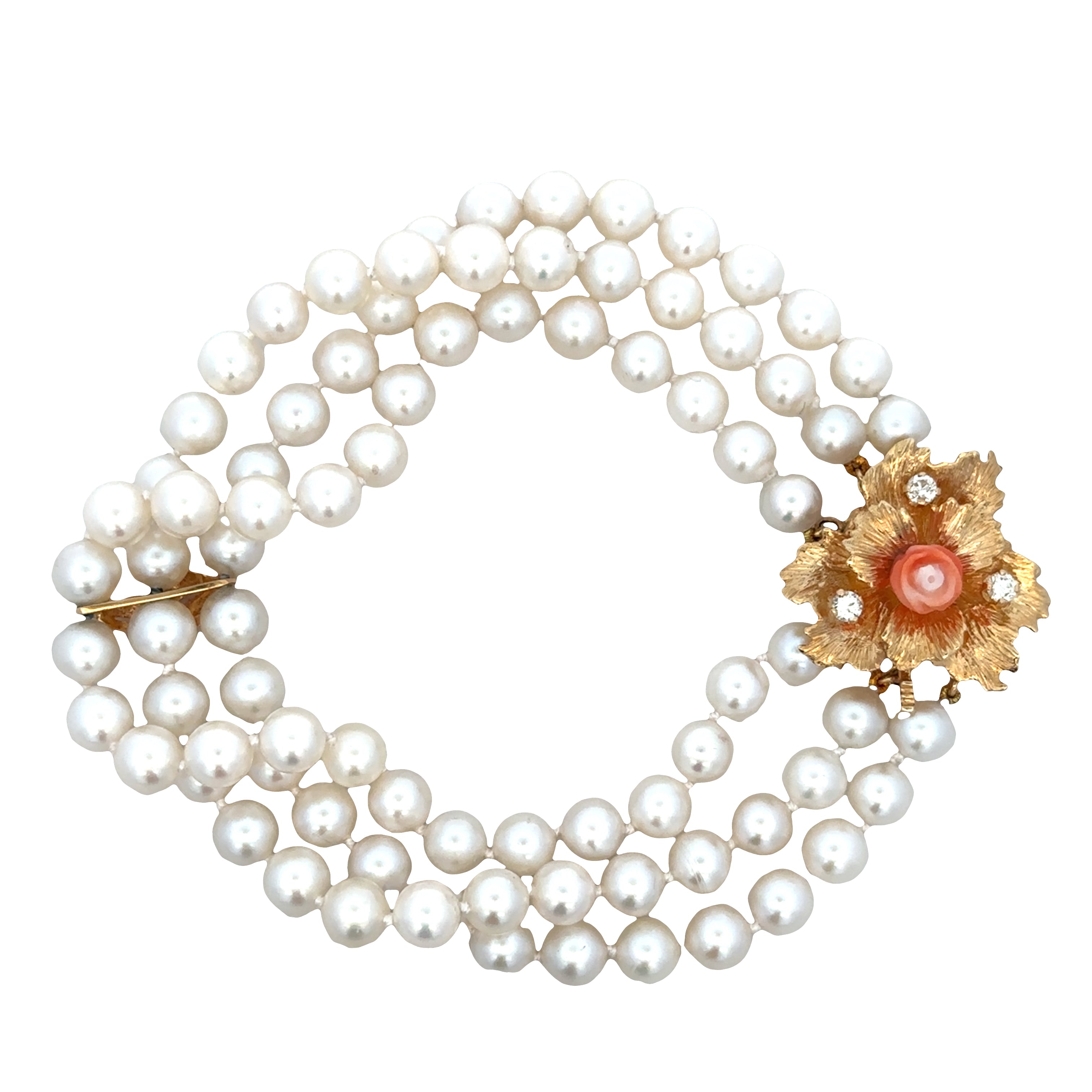 Vintage 14k Yellow Gold Triple-Strand Akoya Cultured Pearl Bracelet – 7.75", Circa 1960s