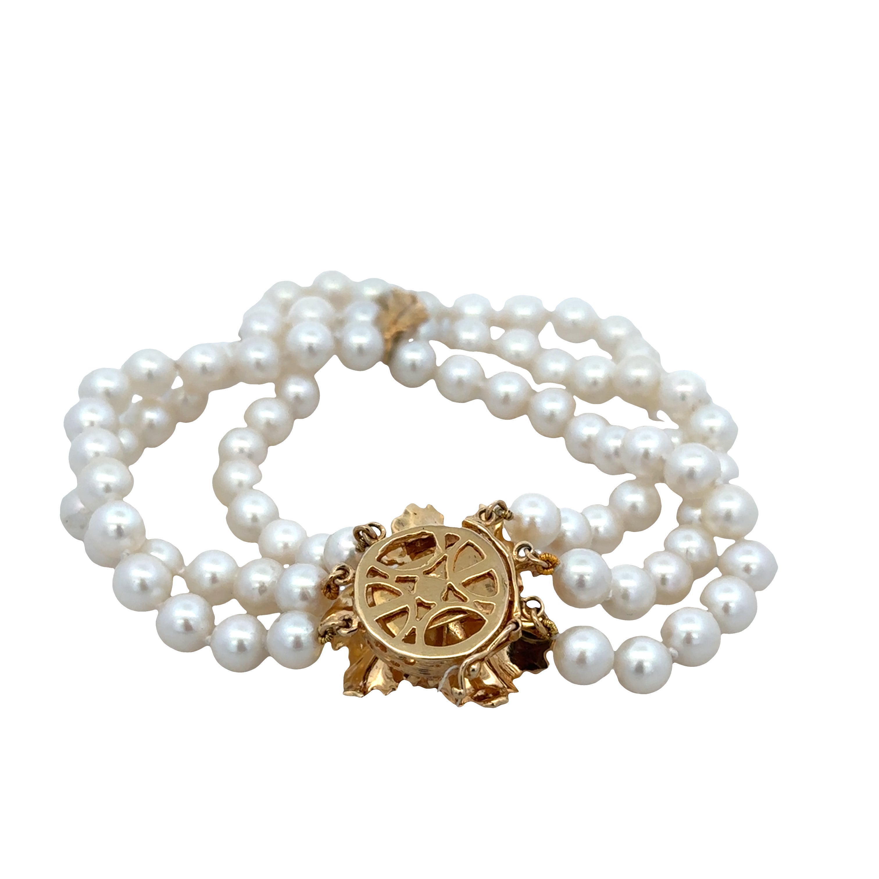 Vintage 14k Yellow Gold Triple-Strand Akoya Cultured Pearl Bracelet – 7.75", Circa 1960s
