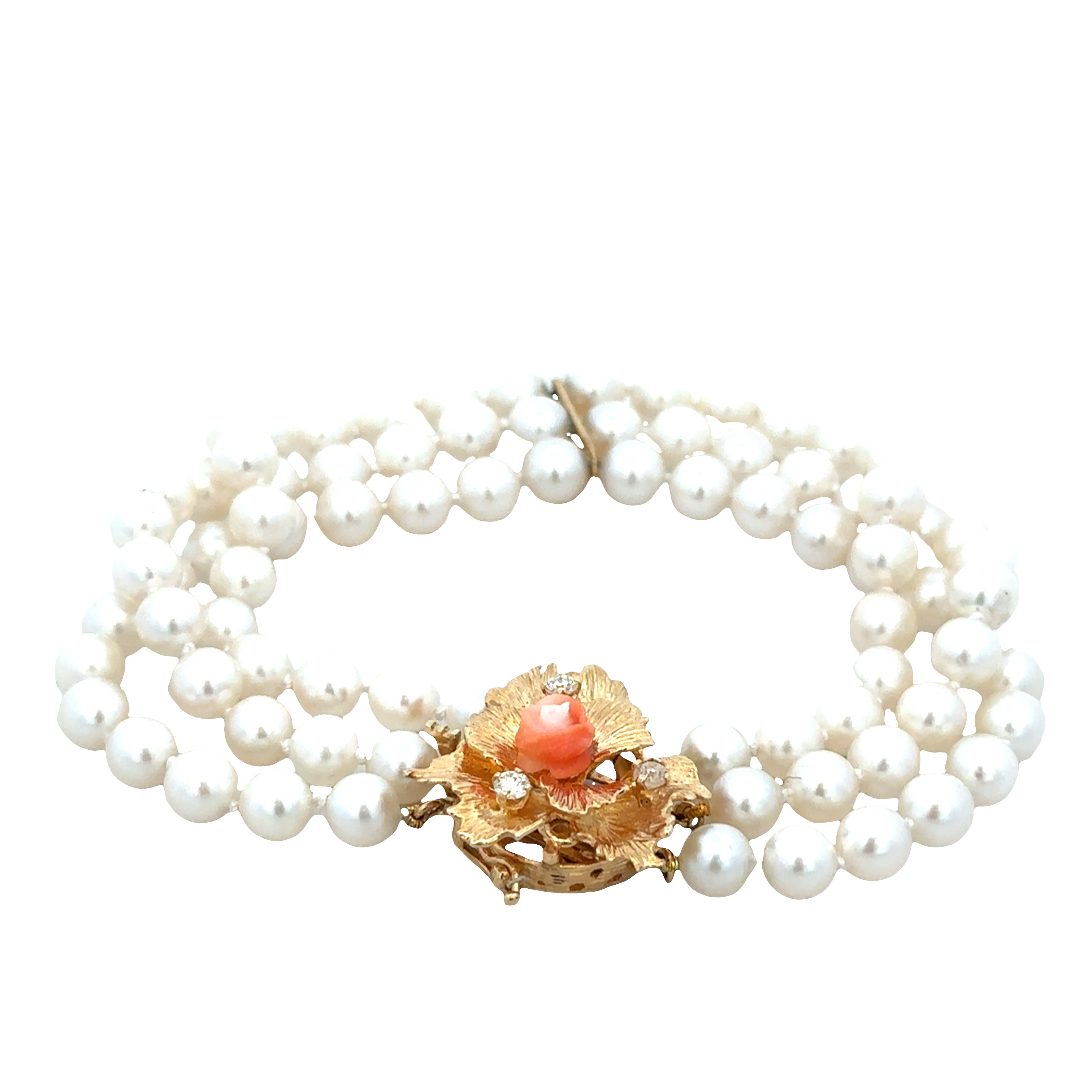 Vintage 14k Yellow Gold Triple-Strand Akoya Cultured Pearl Bracelet – 7.75", Circa 1960s