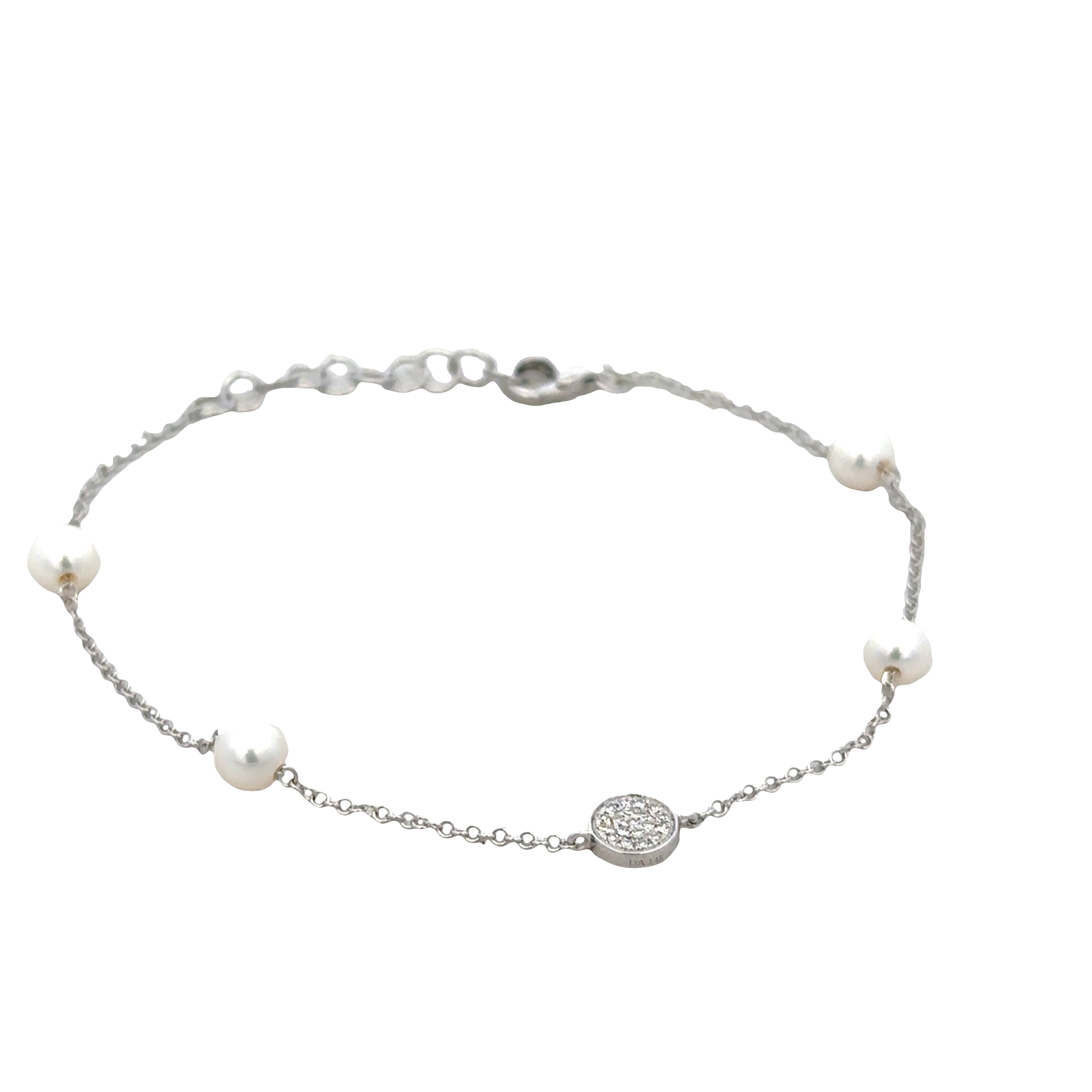 14k White Gold Pearl & Diamond Disc Chain Bracelet – Adjustable 7"