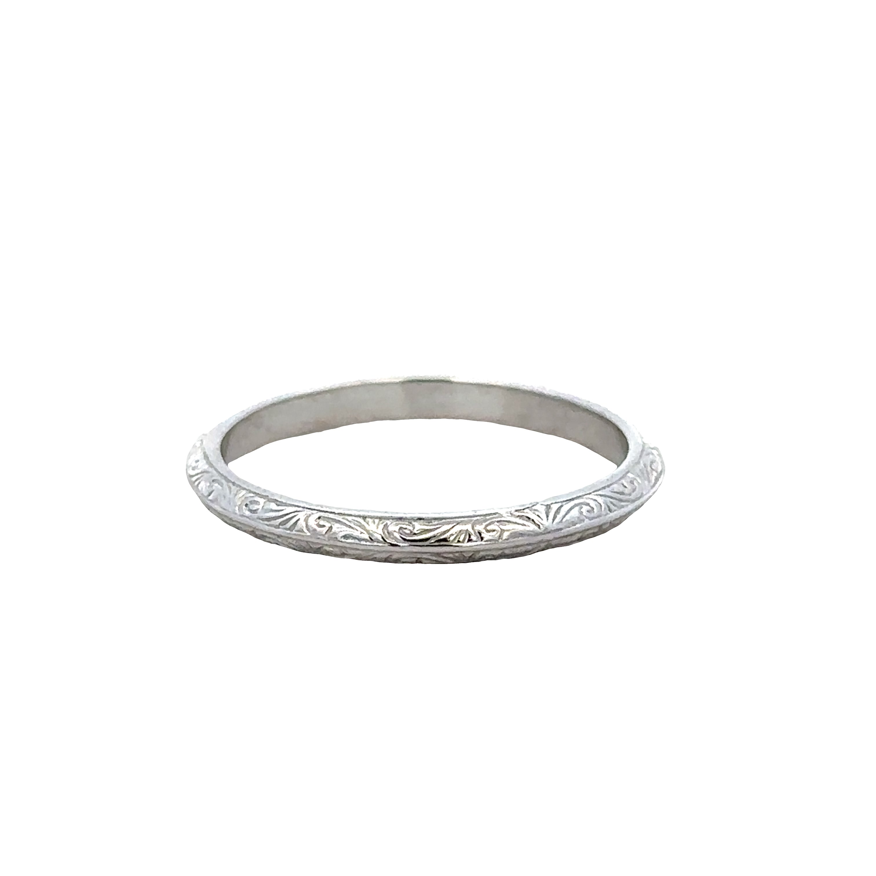 14k White Gold Vintage-Inspired Engraved Band – Size 6.5