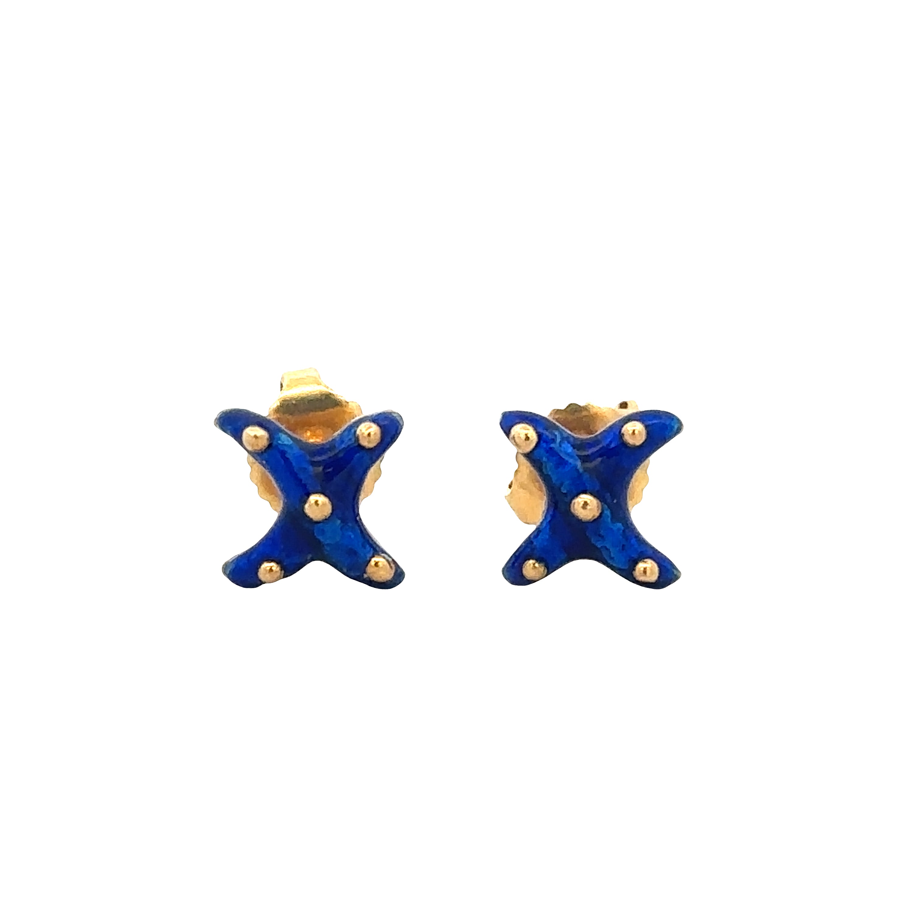18k Yellow Gold Blue Enamel Starfish Stud Earrings
