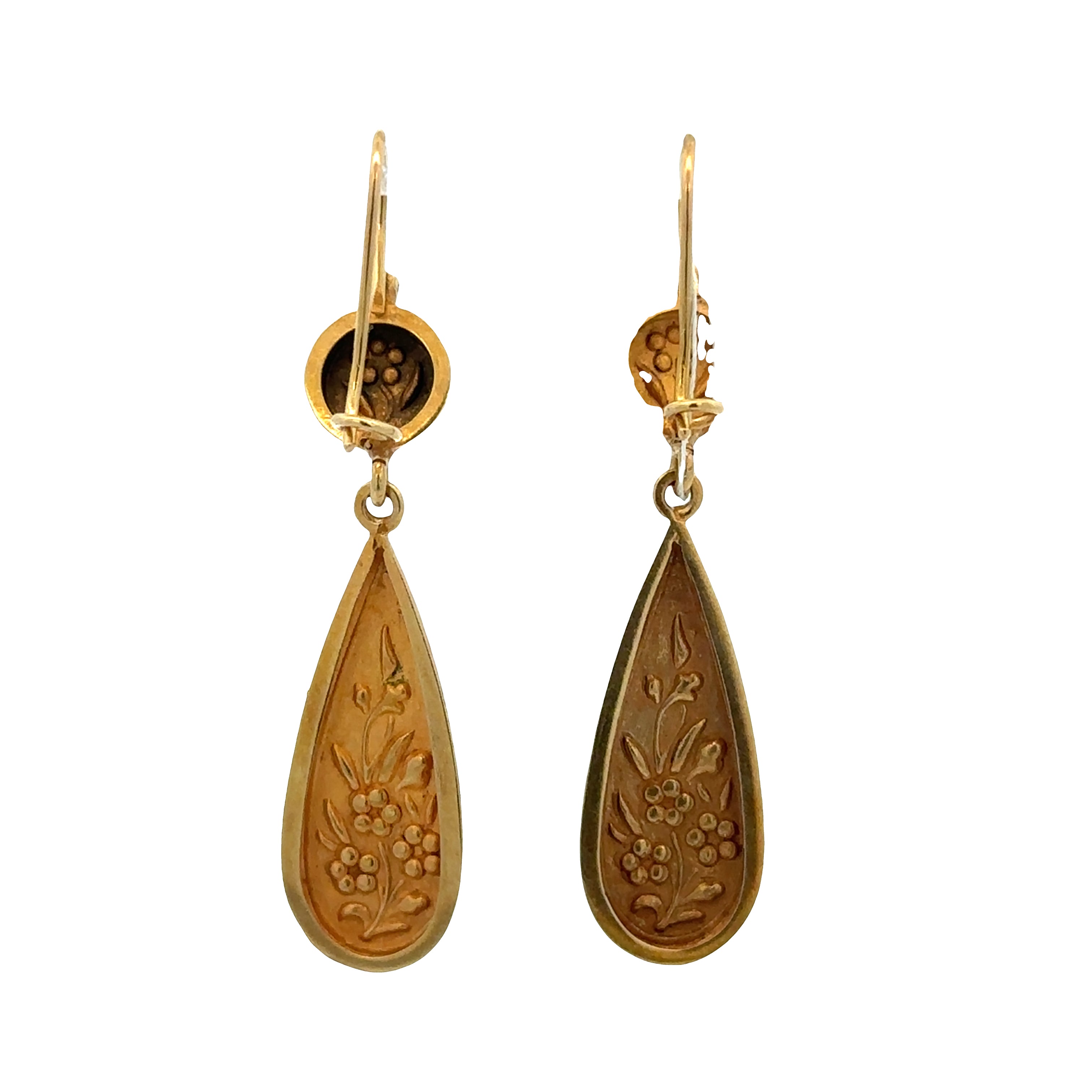 Antique Victorian 12k Yellow Gold Taille d'Épargne Enamel Teardrop Earrings – Circa 1890